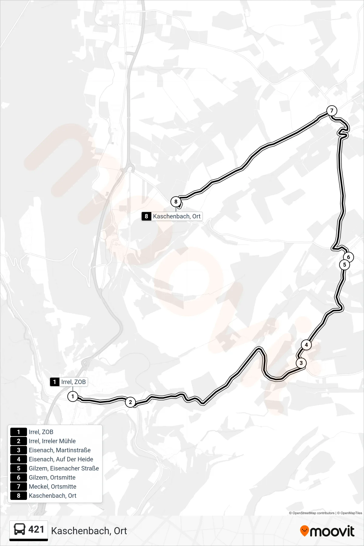 421 bus Line (Kaschenbach, Ort) route and stops on a map
