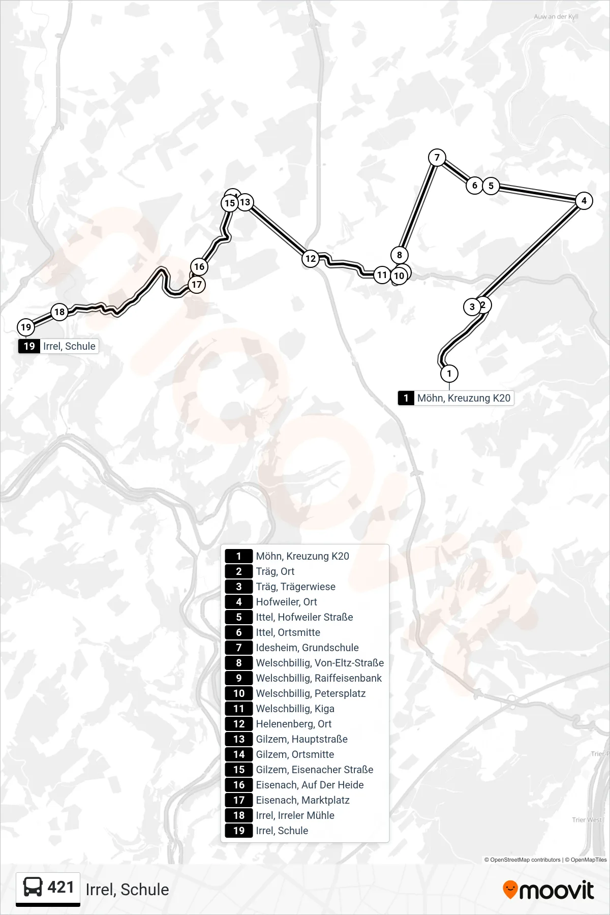 421 bus Line (Irrel, Schule) route and stops on a map