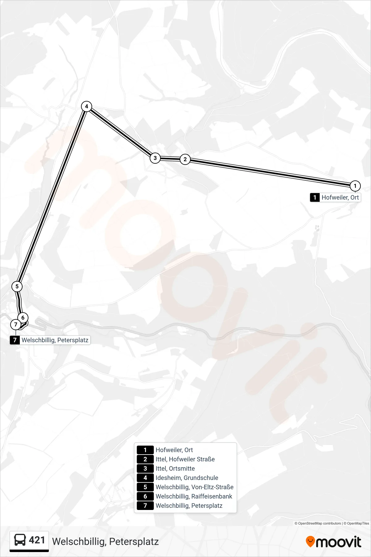 421 bus Line (Welschbillig, Petersplatz) route and stops on a map
