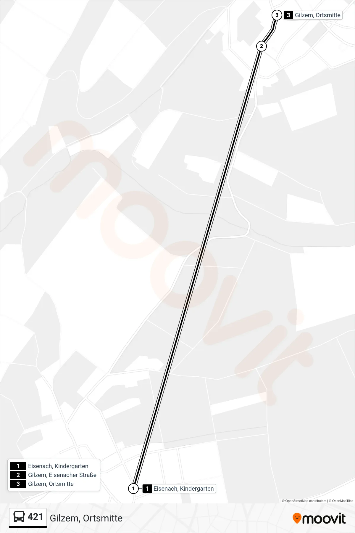 421 bus Line (Gilzem, Ortsmitte) route and stops on a map