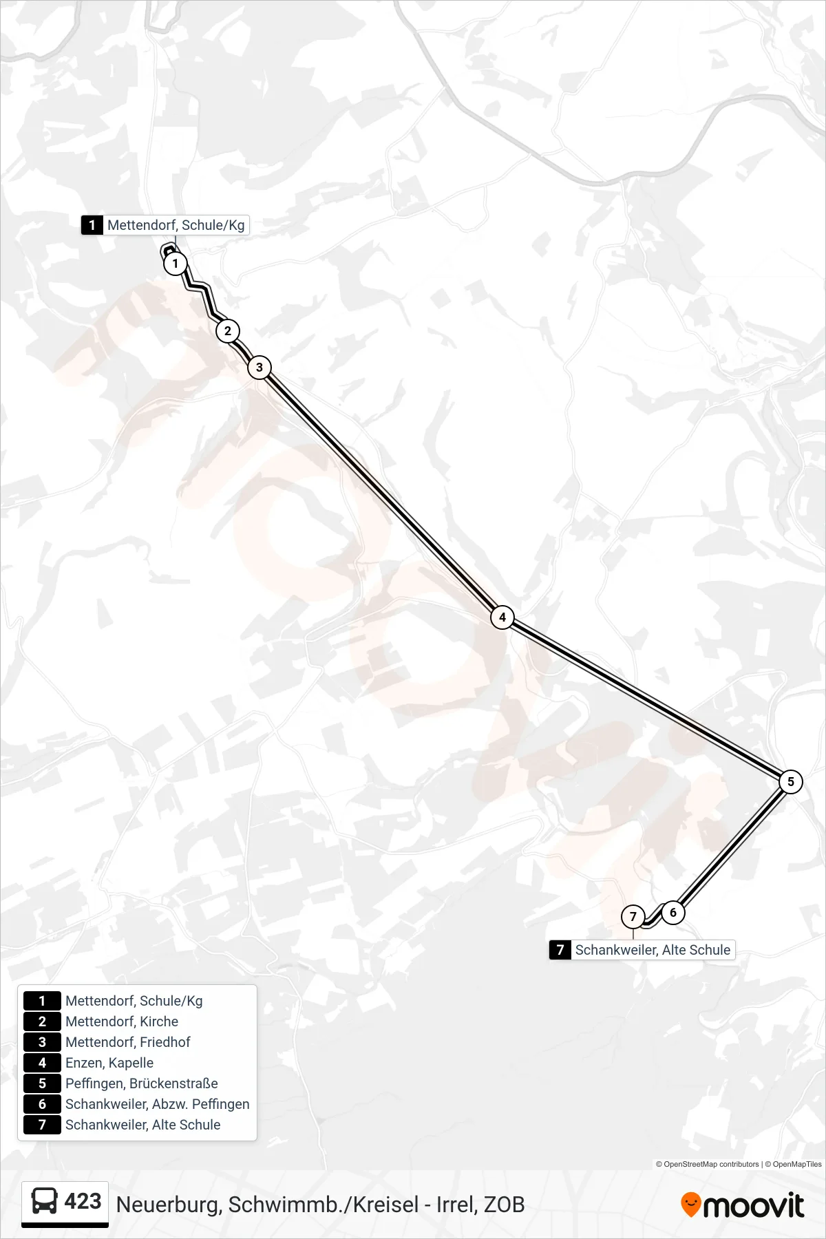 423 bus Line (Schankweiler, Alte Schule) route and stops on a map