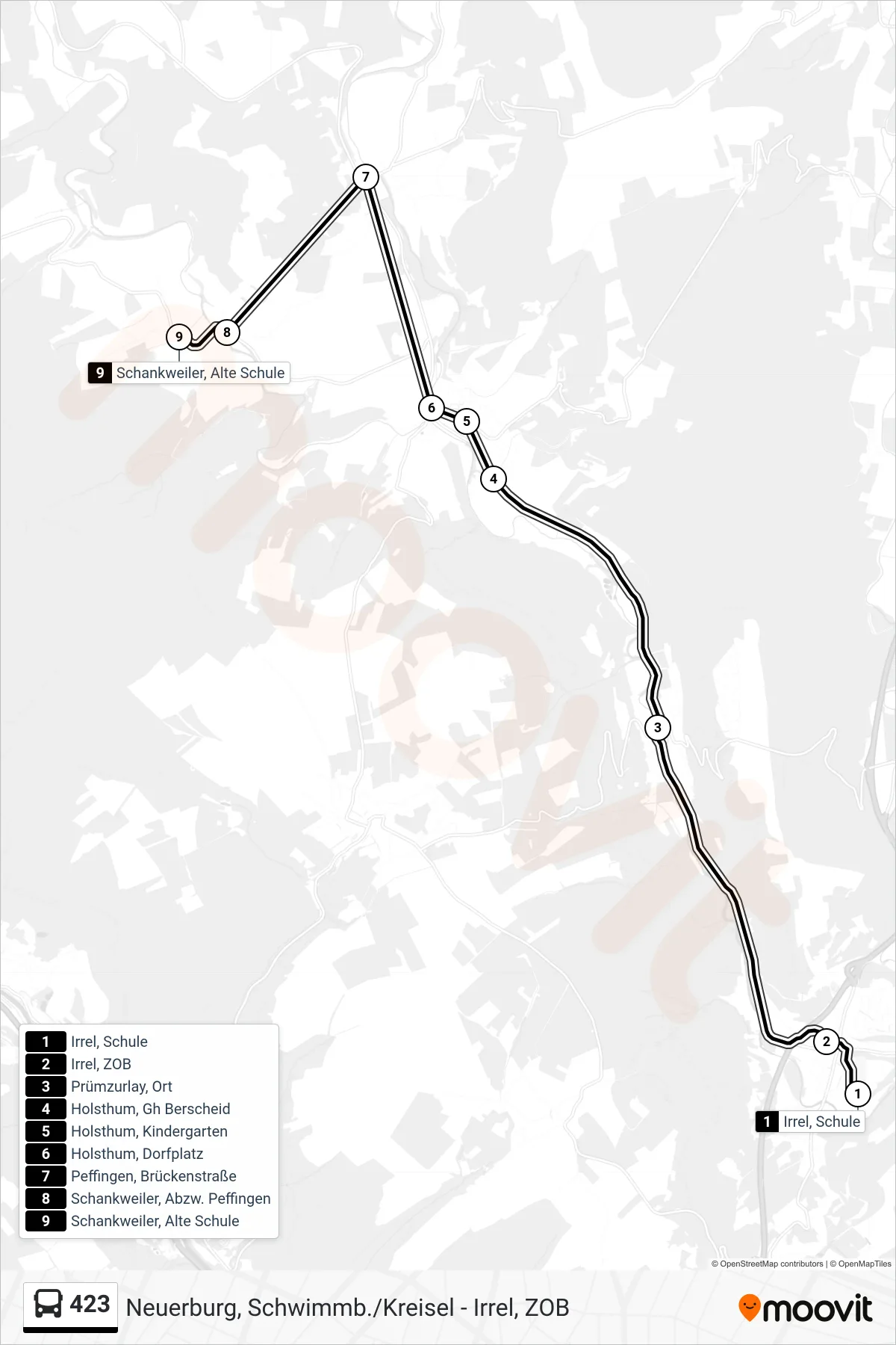 423 bus Line (Schankweiler, Alte Schule) route and stops on a map