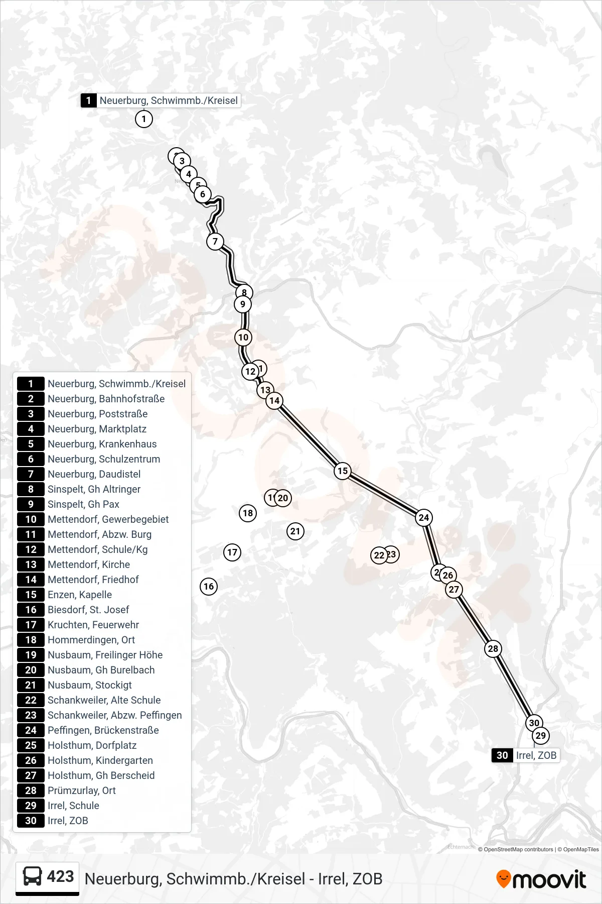 423 bus Line (Irrel, ZOB) route and stops on a map