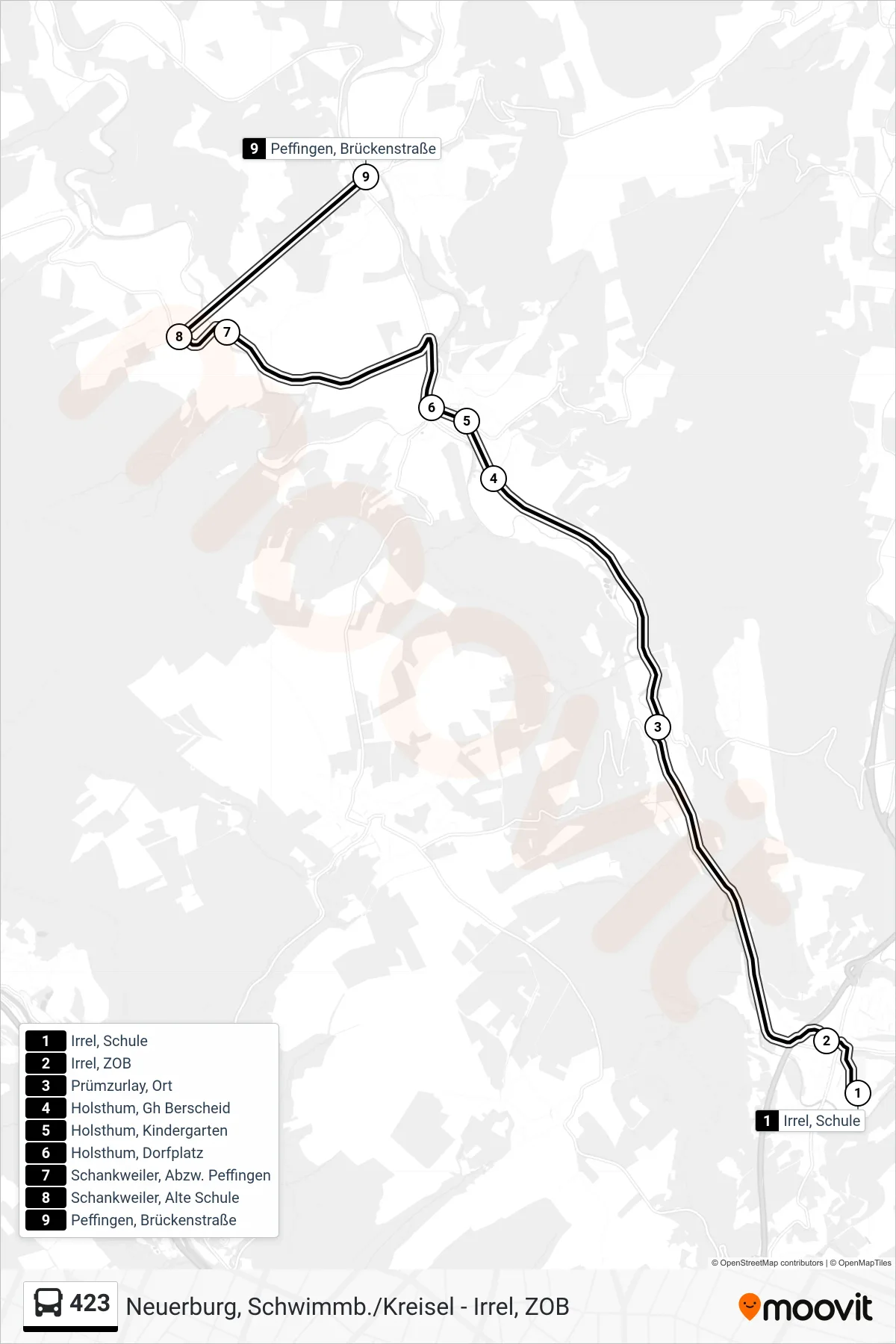 423 bus Line (Peffingen, Brückenstraße) route and stops on a map