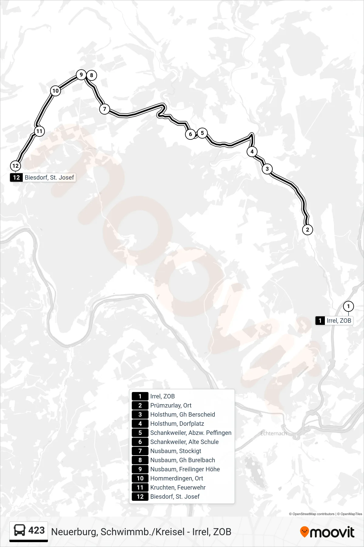 423 bus Line (Biesdorf, St. Josef) route and stops on a map