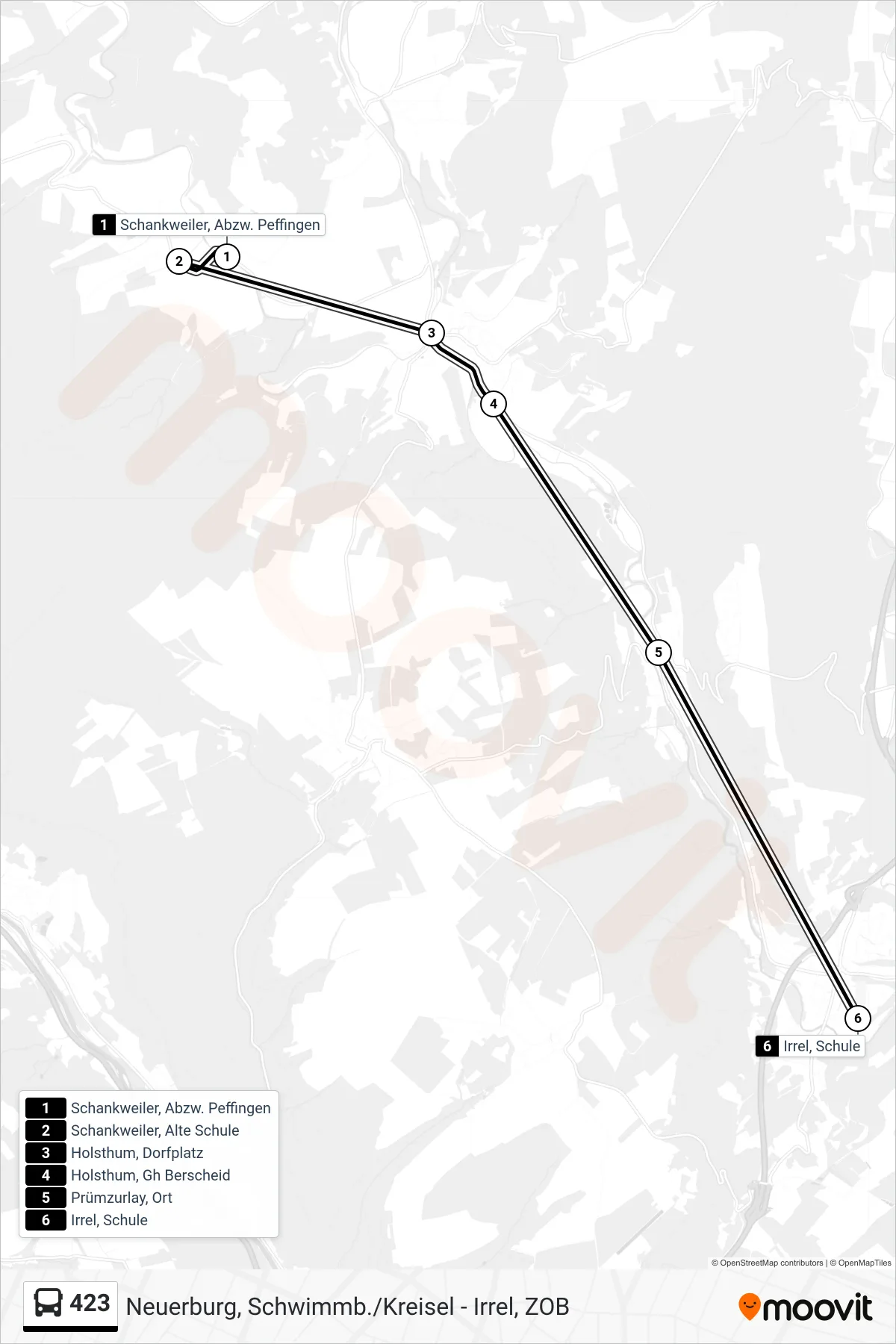 423 bus Line (Irrel, Schule) route and stops on a map