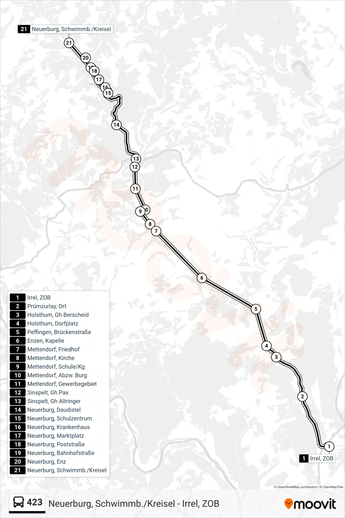 423 bus Line (Neuerburg, Schwimmb./Kreisel) route and stops on a map