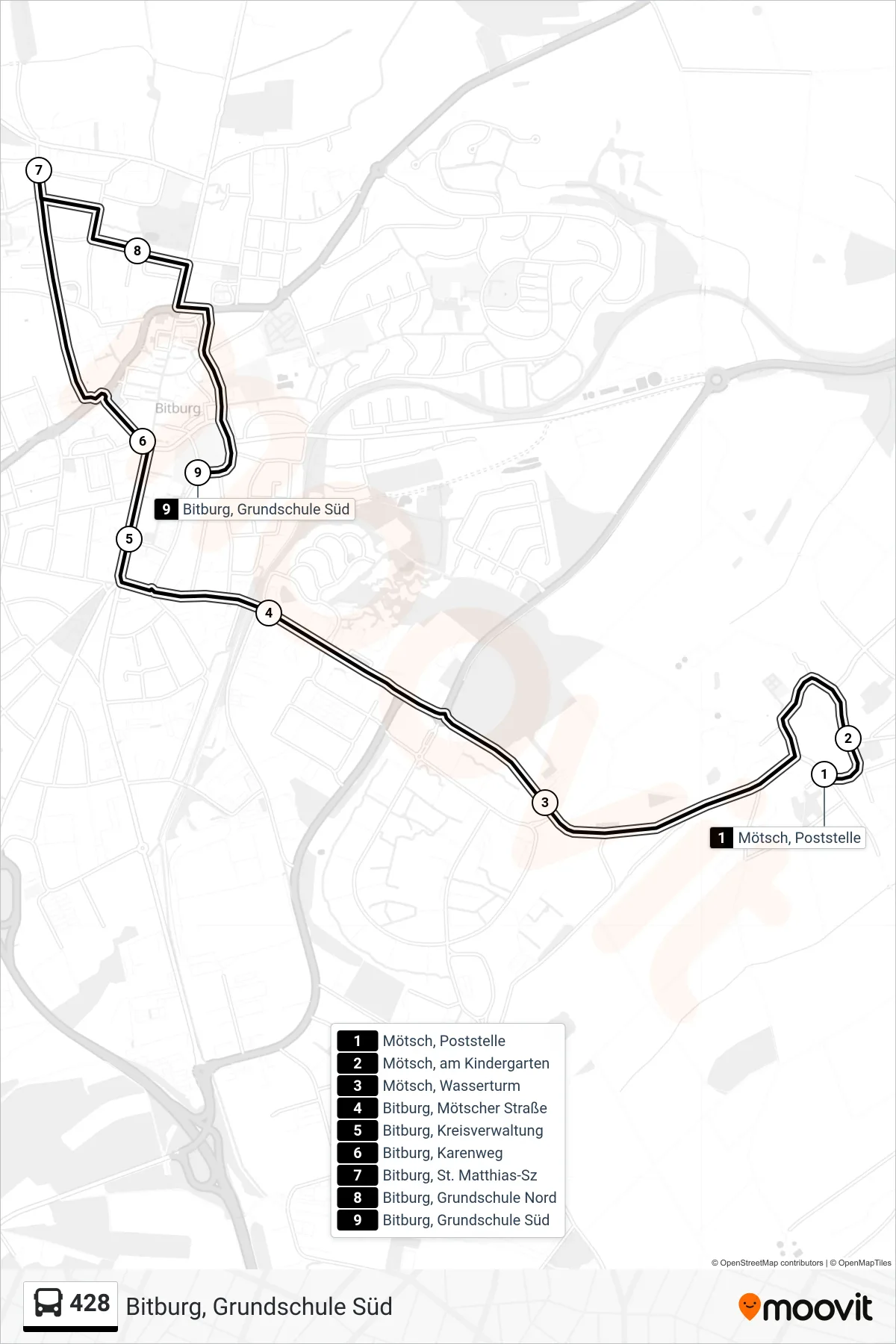428 bus Line (Bitburg, Grundschule Süd) route and stops on a map