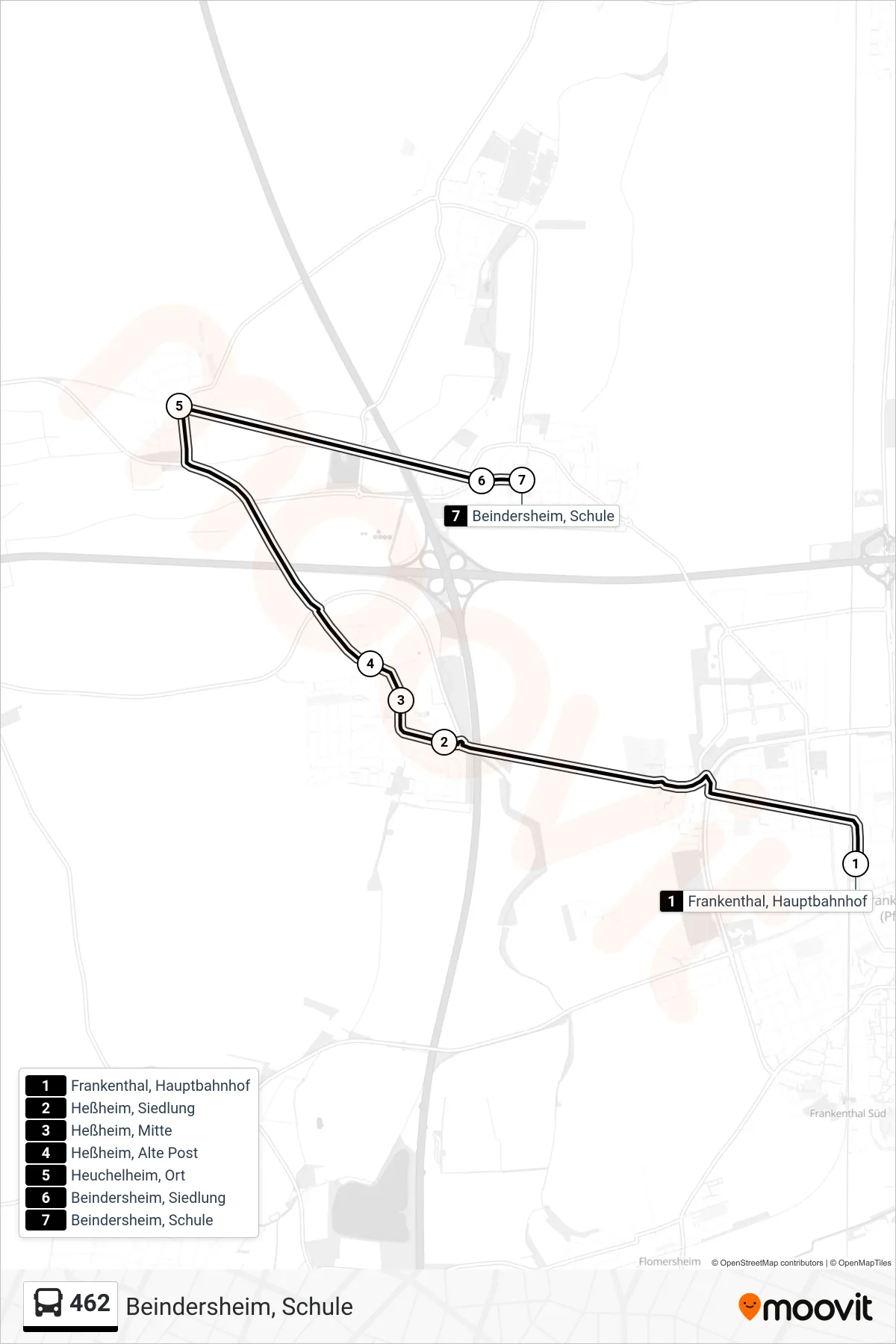 462 bus Line (Beindersheim, Schule) route and stops on a map