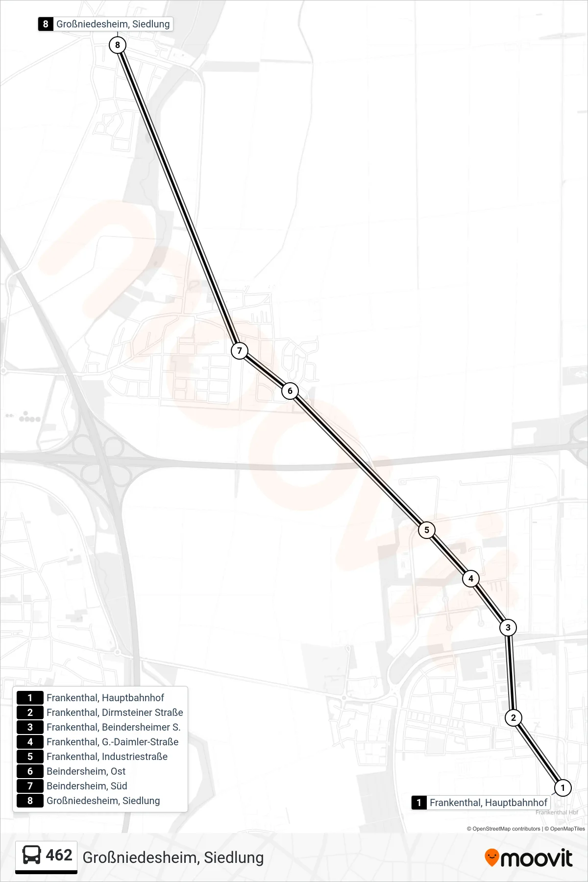 462 bus Line (Großniedesheim, Siedlung) route and stops on a map