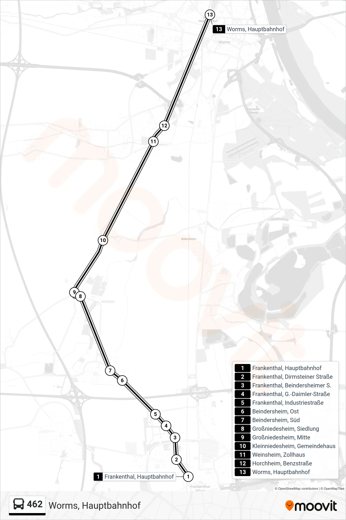462 bus Line (Worms, Hauptbahnhof) route and stops on a map