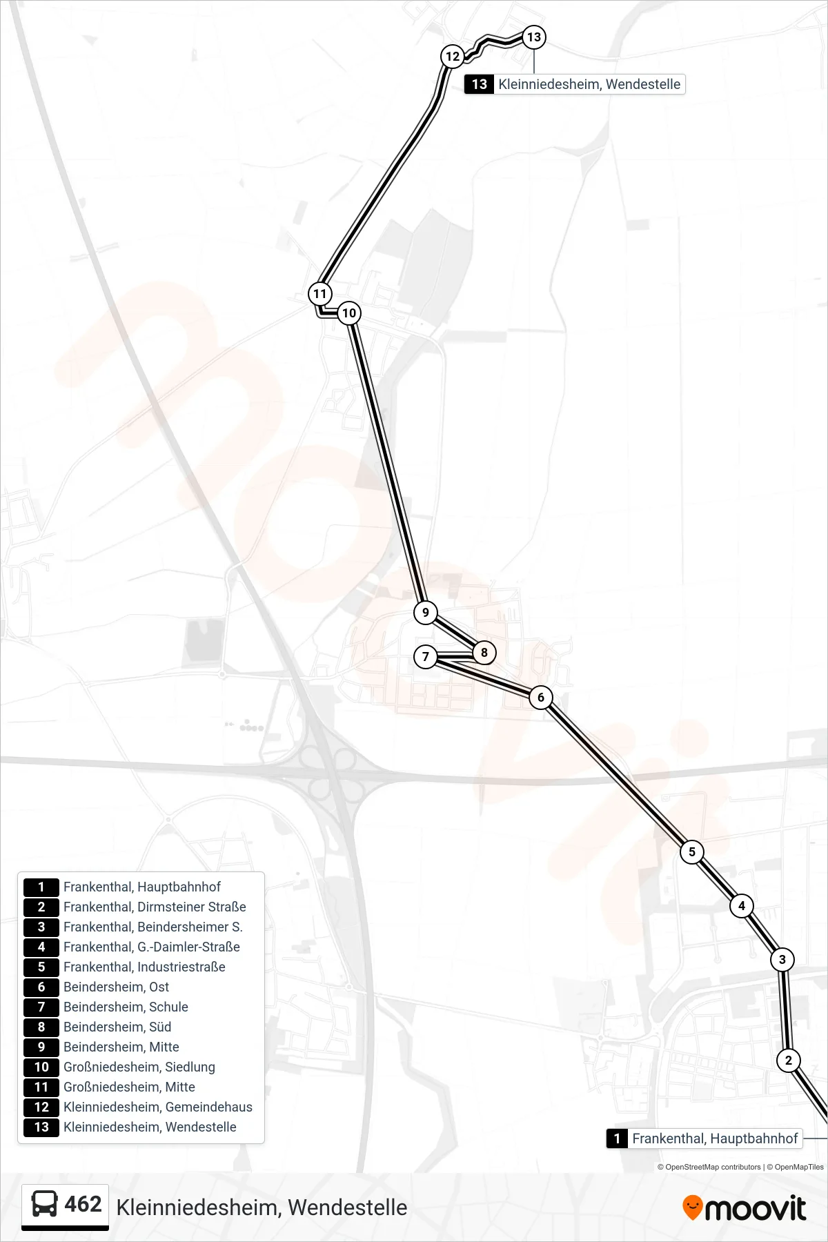 462 bus Line (Kleinniedesheim, Wendestelle) route and stops on a map
