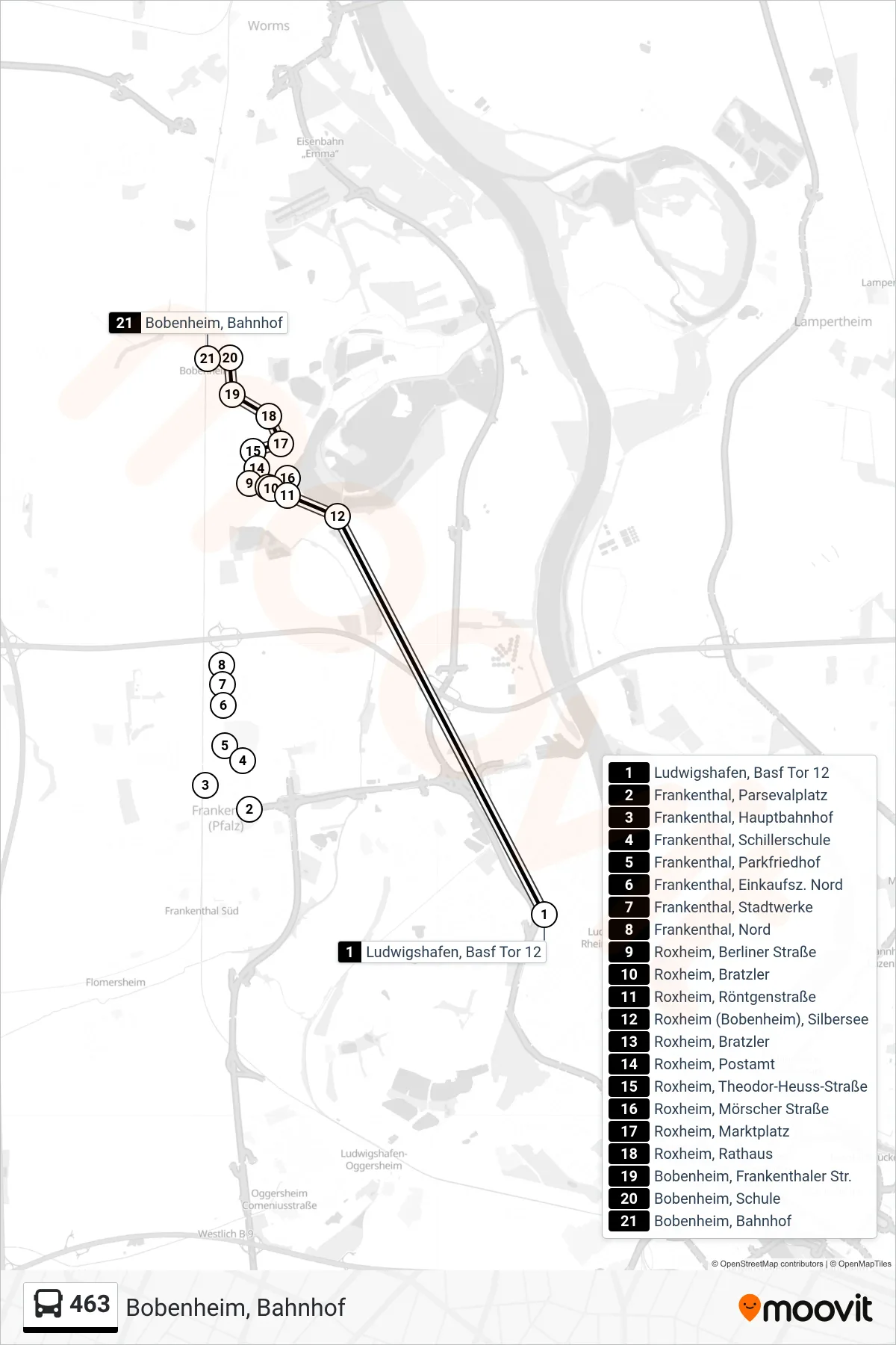 463 bus Line (Bobenheim, Bahnhof) route and stops on a map