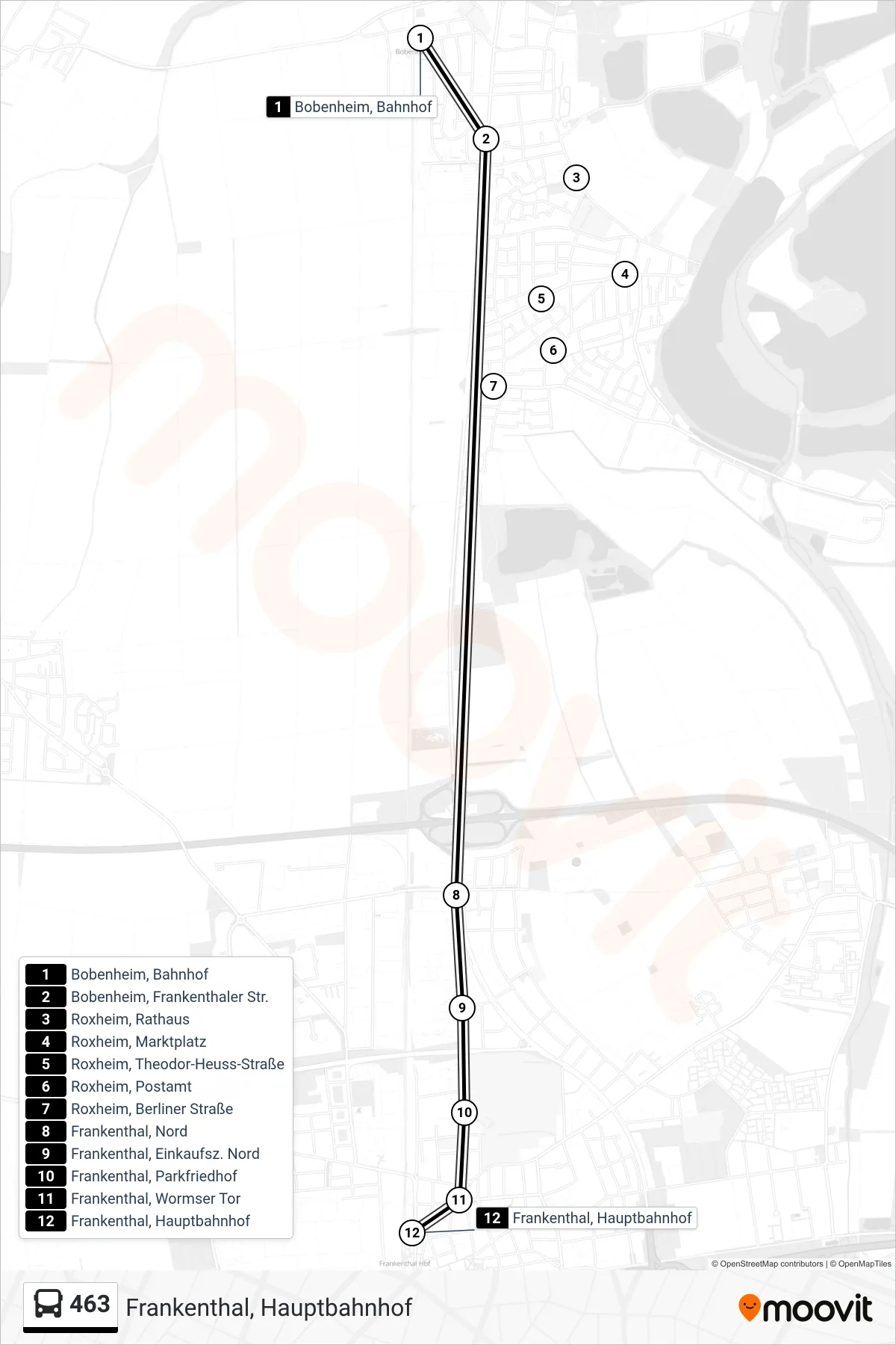 463 bus Line (Frankenthal, Hauptbahnhof) route and stops on a map