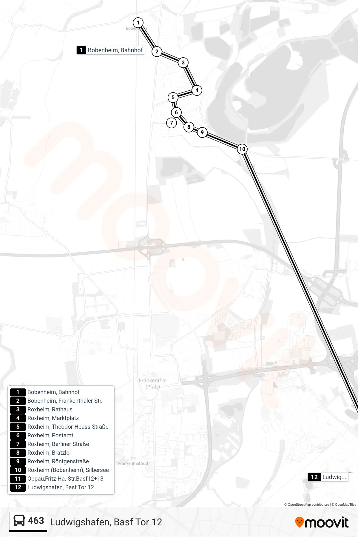 Linie 463 (Bus) Richtung Ludwigshafen, Basf Tor 12: Route und Haltestellen auf der Karte