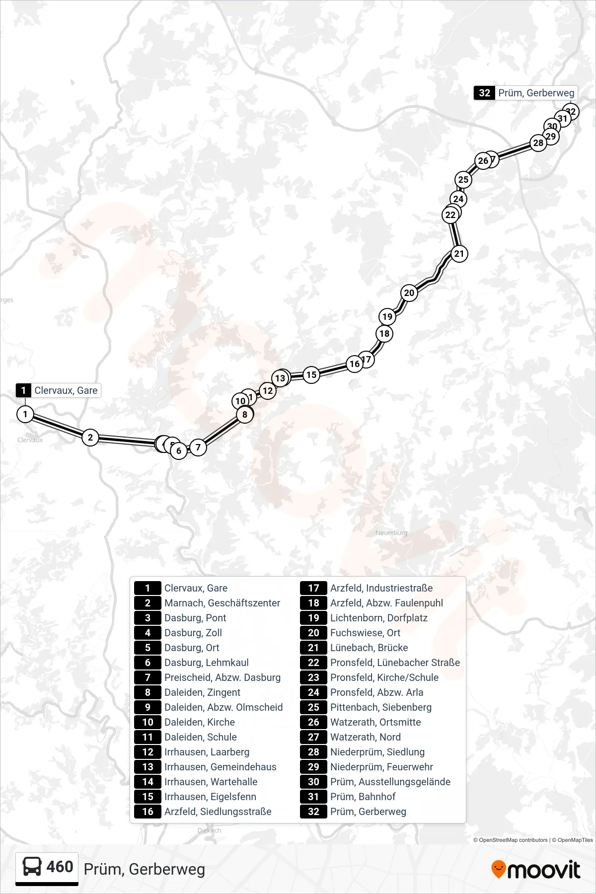 460 bus Line (Prüm, Gerberweg) route and stops on a map