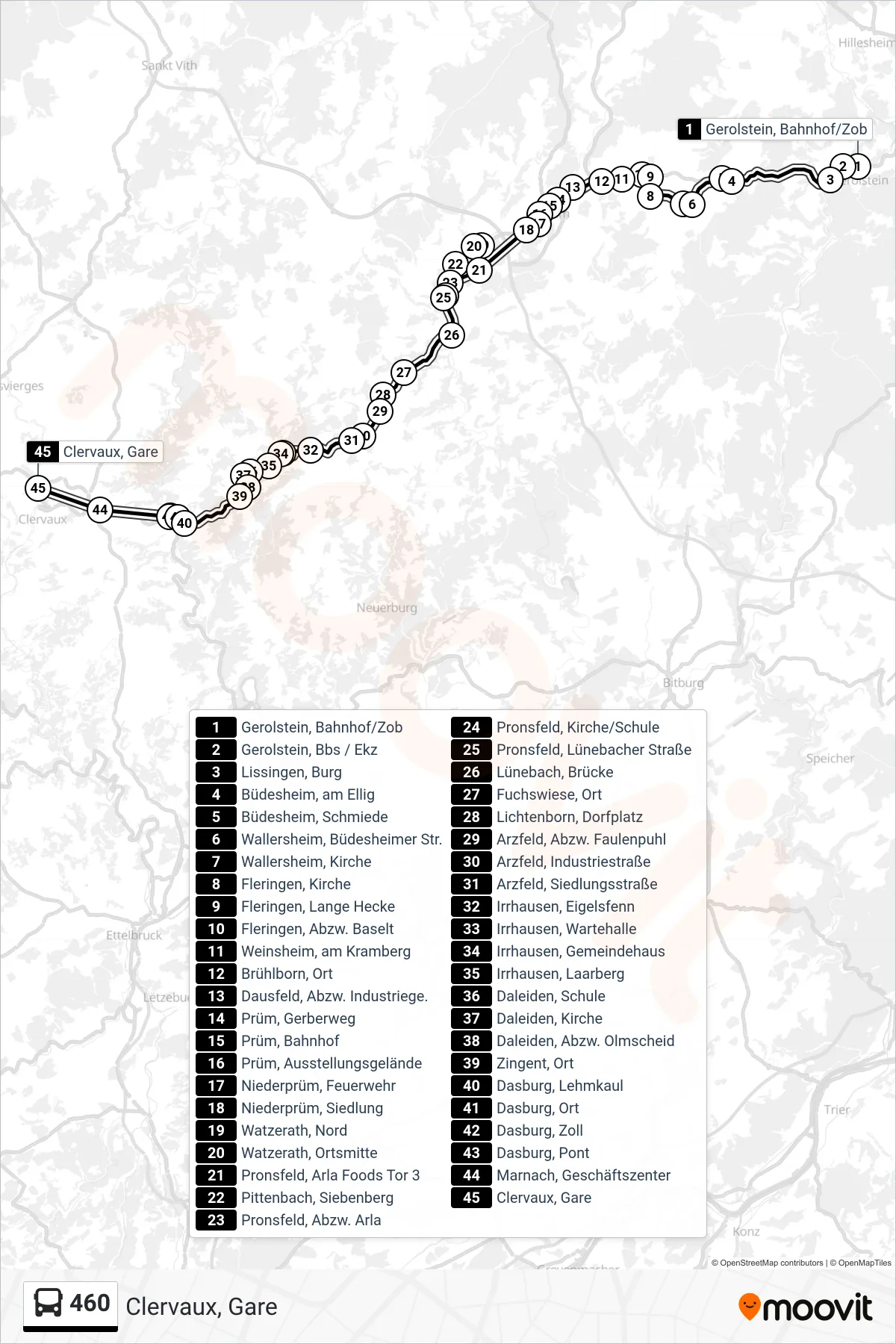 460 bus Line (Clervaux, Gare) route and stops on a map