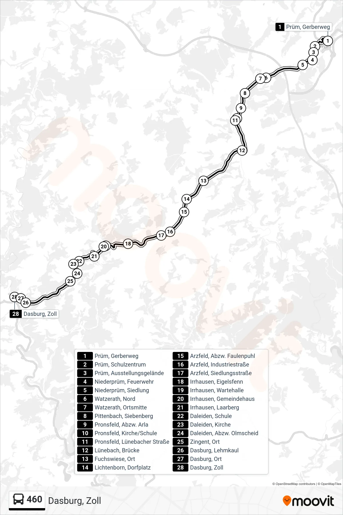 460 bus Line (Dasburg, Zoll) route and stops on a map