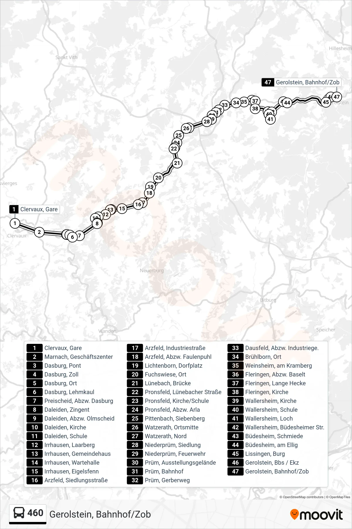 Linie 460 (Bus) Richtung Gerolstein, Bahnhof/Zob: Route und Haltestellen auf der Karte