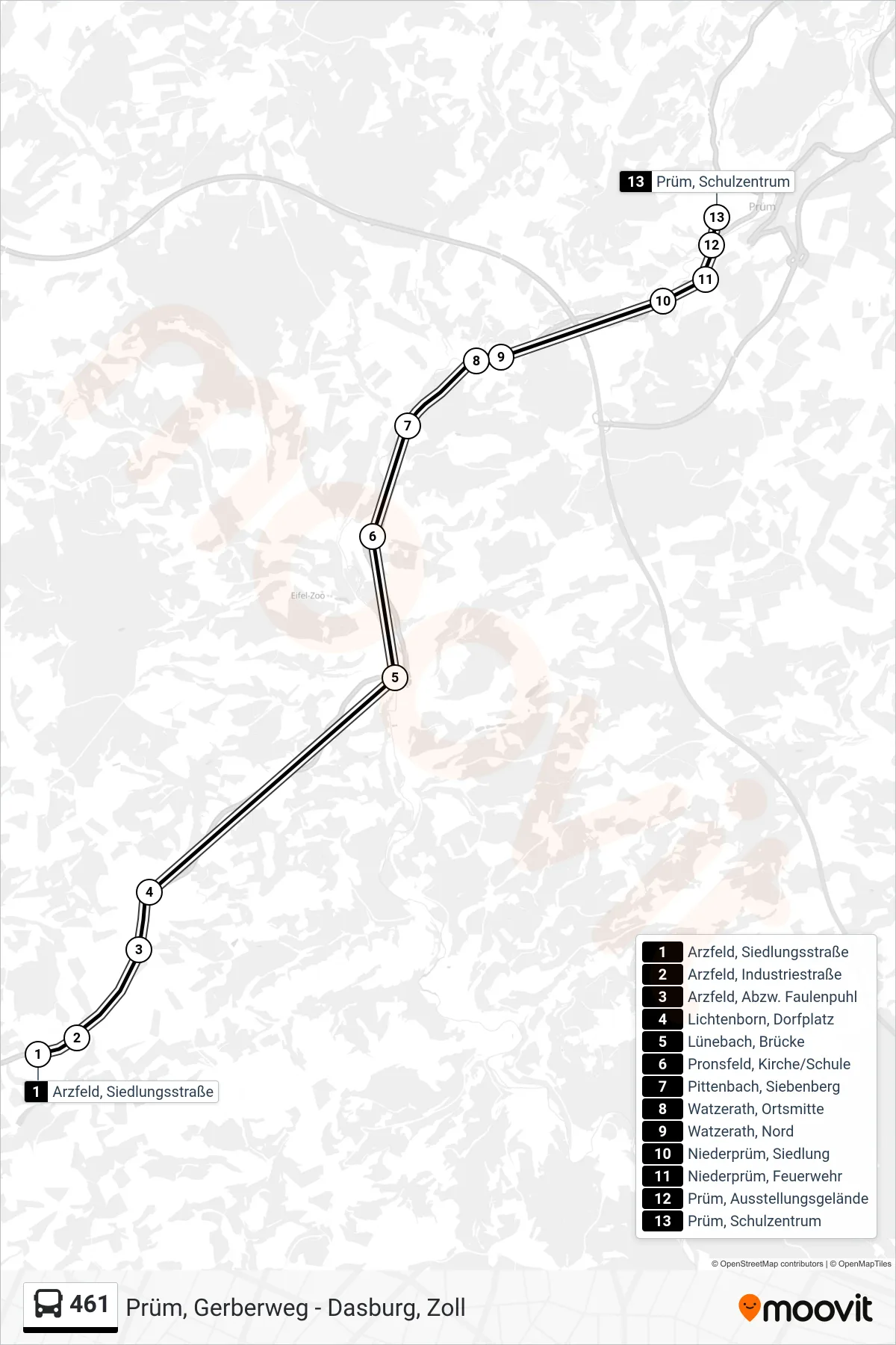 461 bus Line (Prüm, Schulzentrum) route and stops on a map