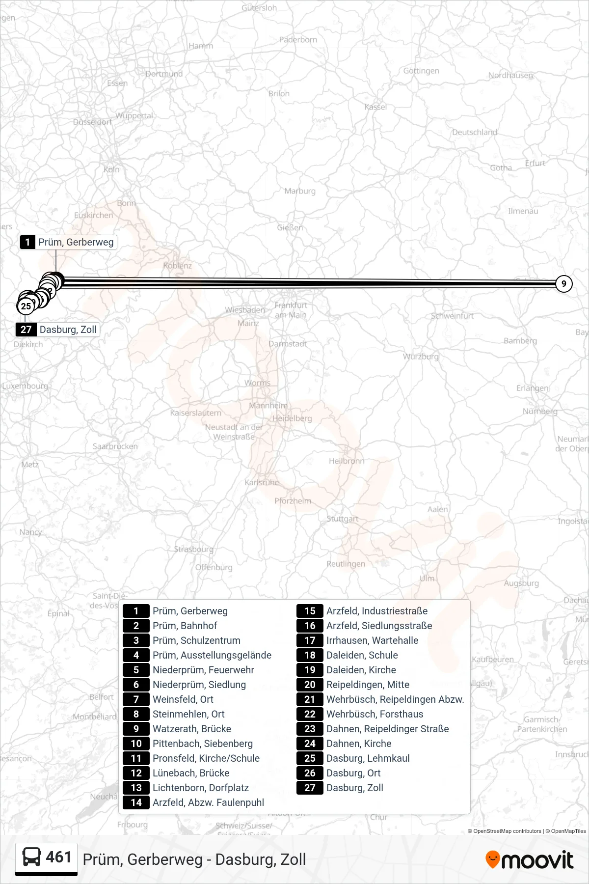 461 bus Line (Dasburg, Zoll) route and stops on a map
