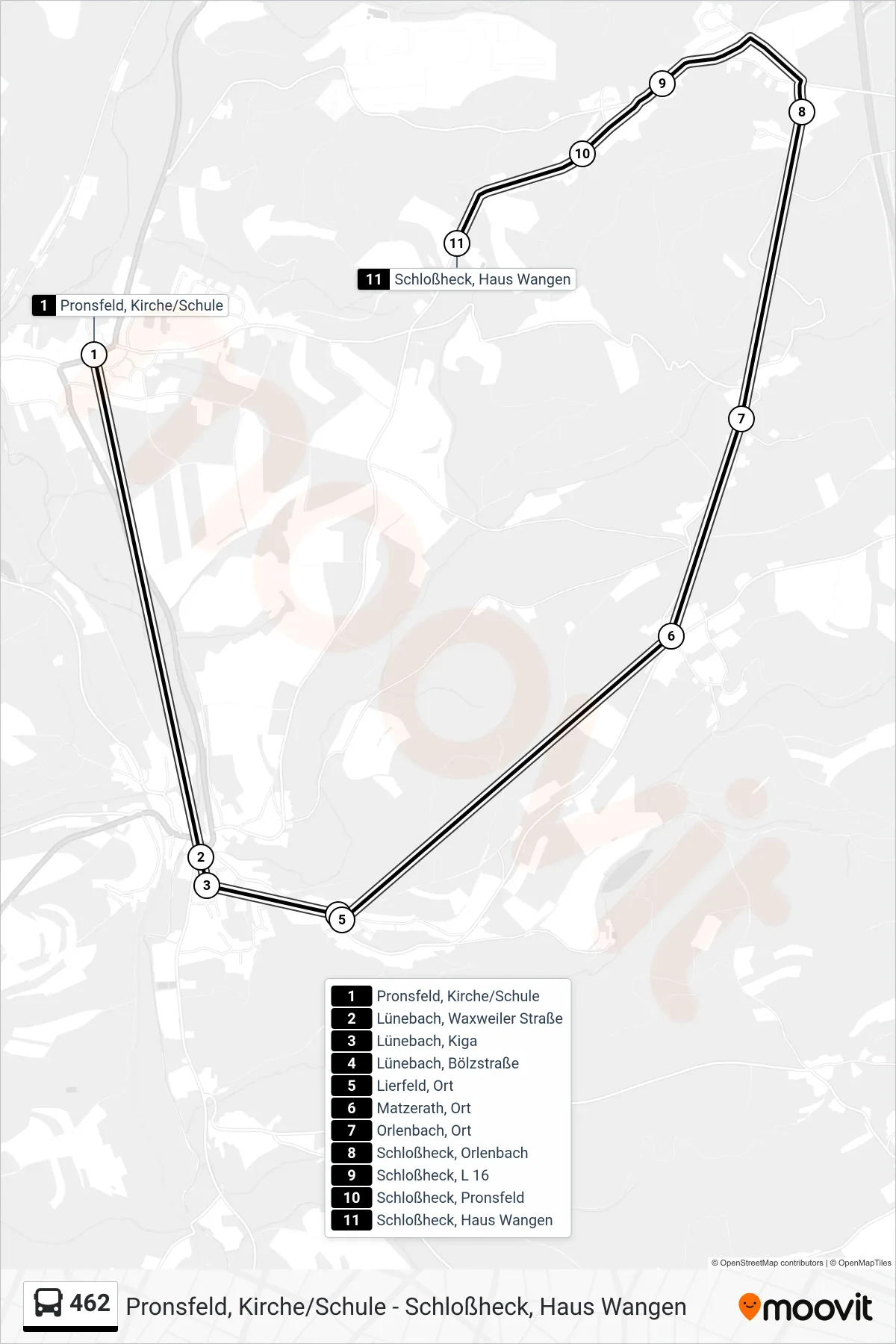 462 bus Line (Schloßheck, Haus Wangen) route and stops on a map