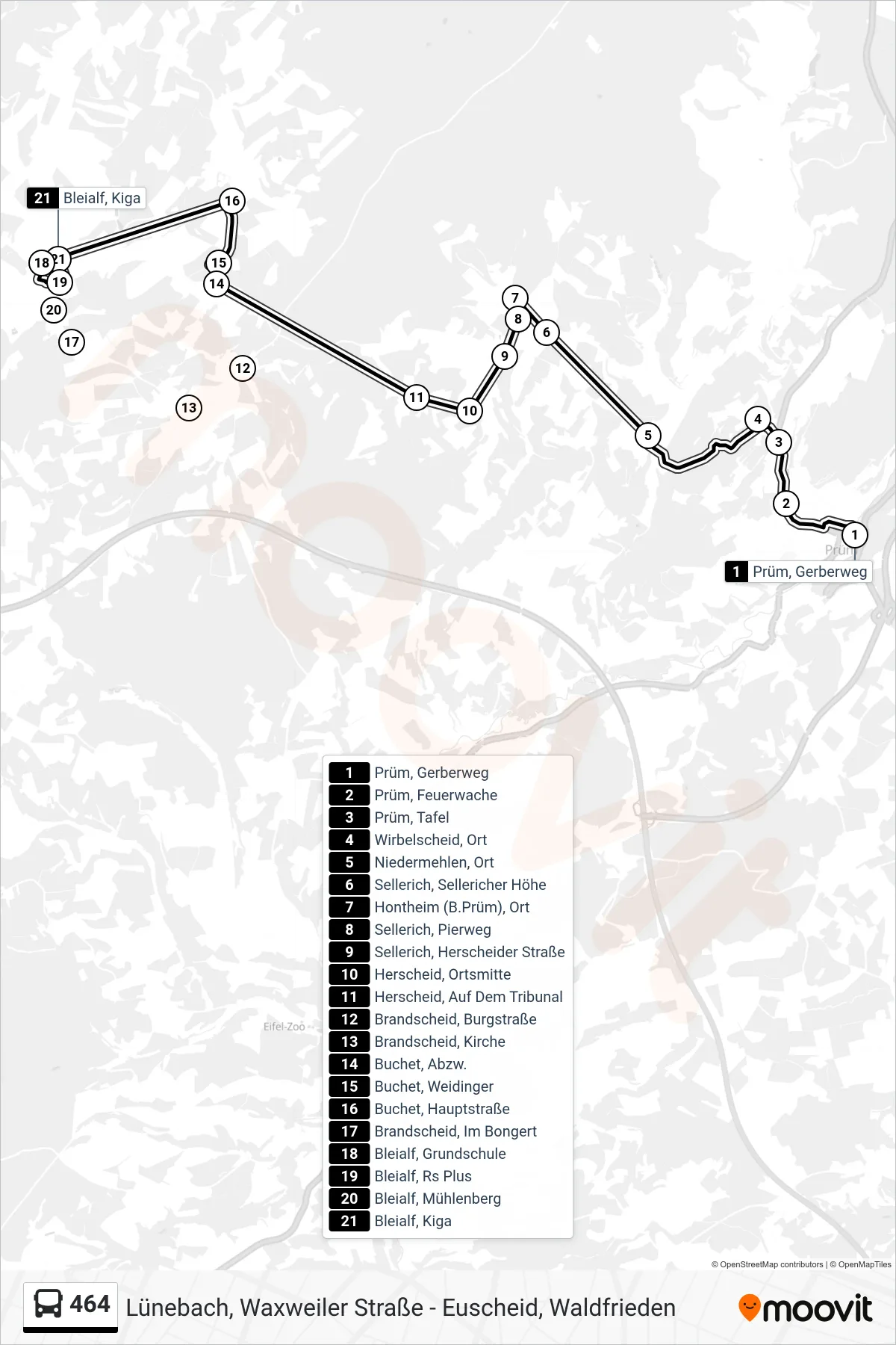 464 bus Line (Bleialf, Kiga) route and stops on a map