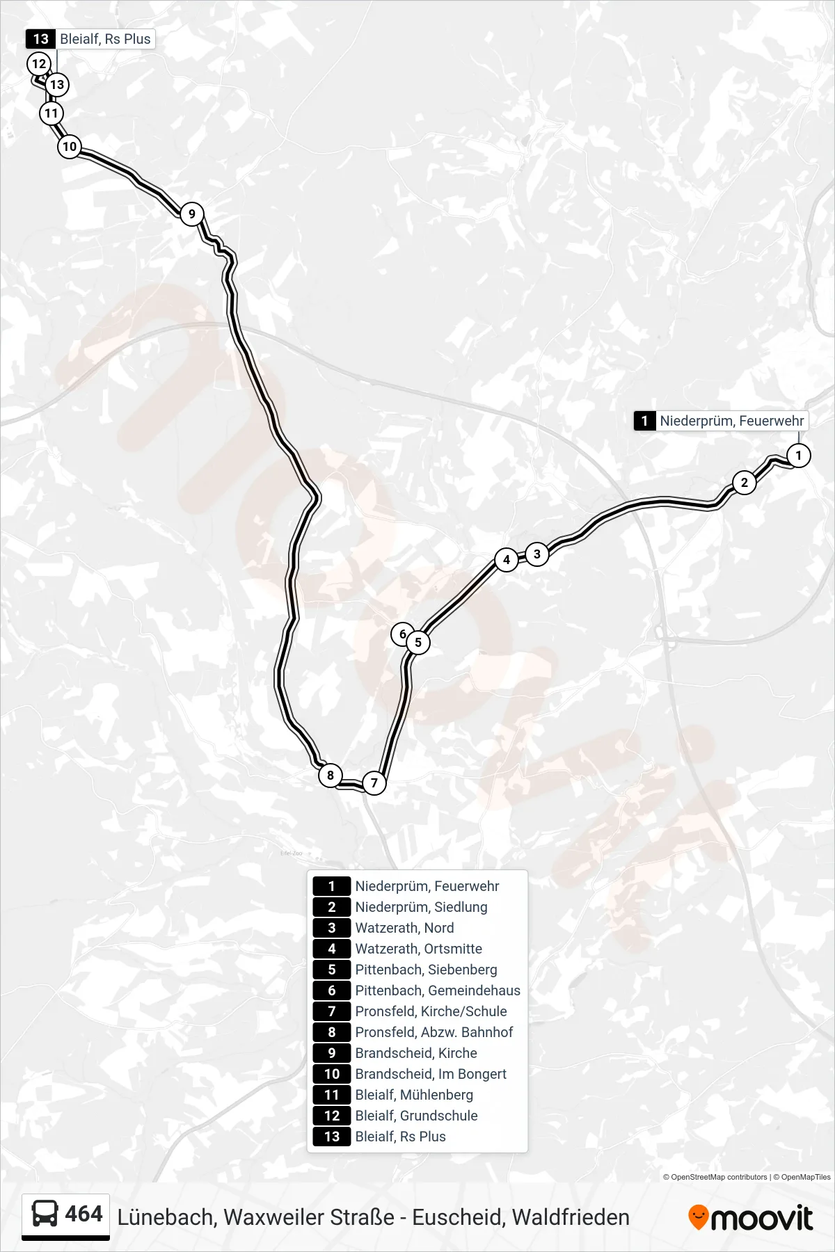 464 bus Line (Bleialf, Rs Plus) route and stops on a map
