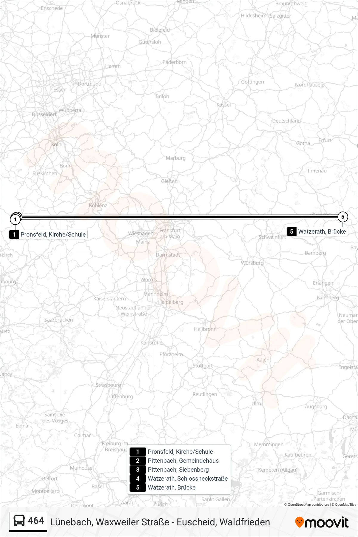 464 bus Line (Watzerath, Brücke) route and stops on a map