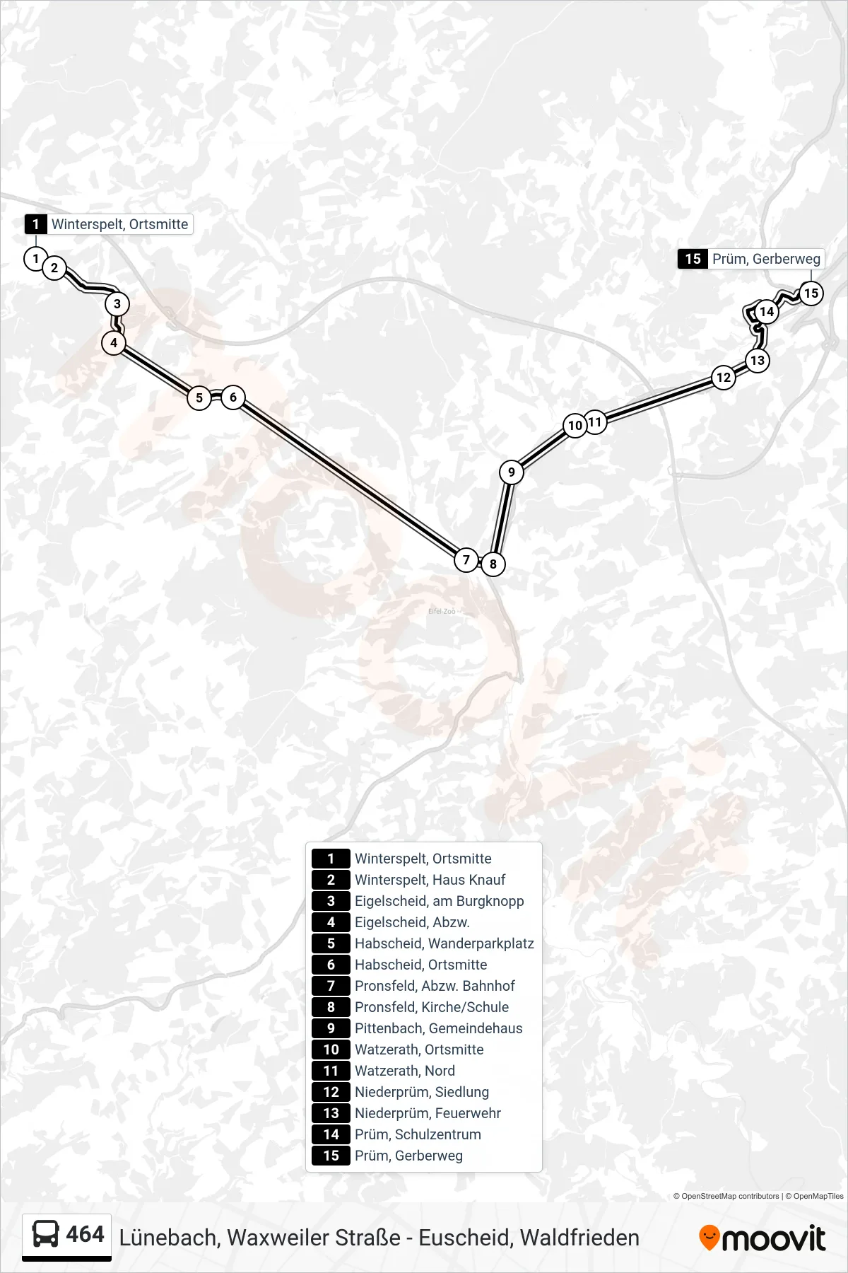 464 bus Line (Prüm, Gerberweg) route and stops on a map