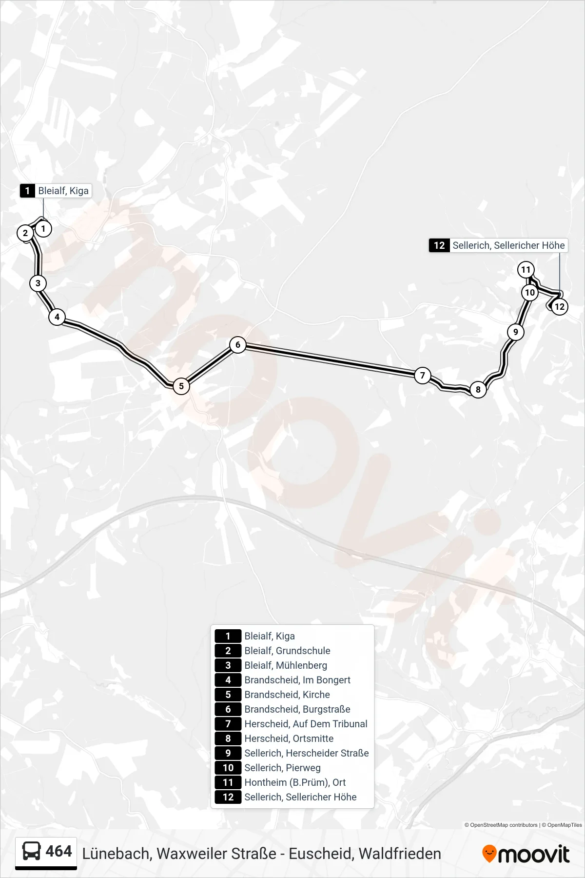 464 bus Line (Sellerich, Sellericher Höhe) route and stops on a map