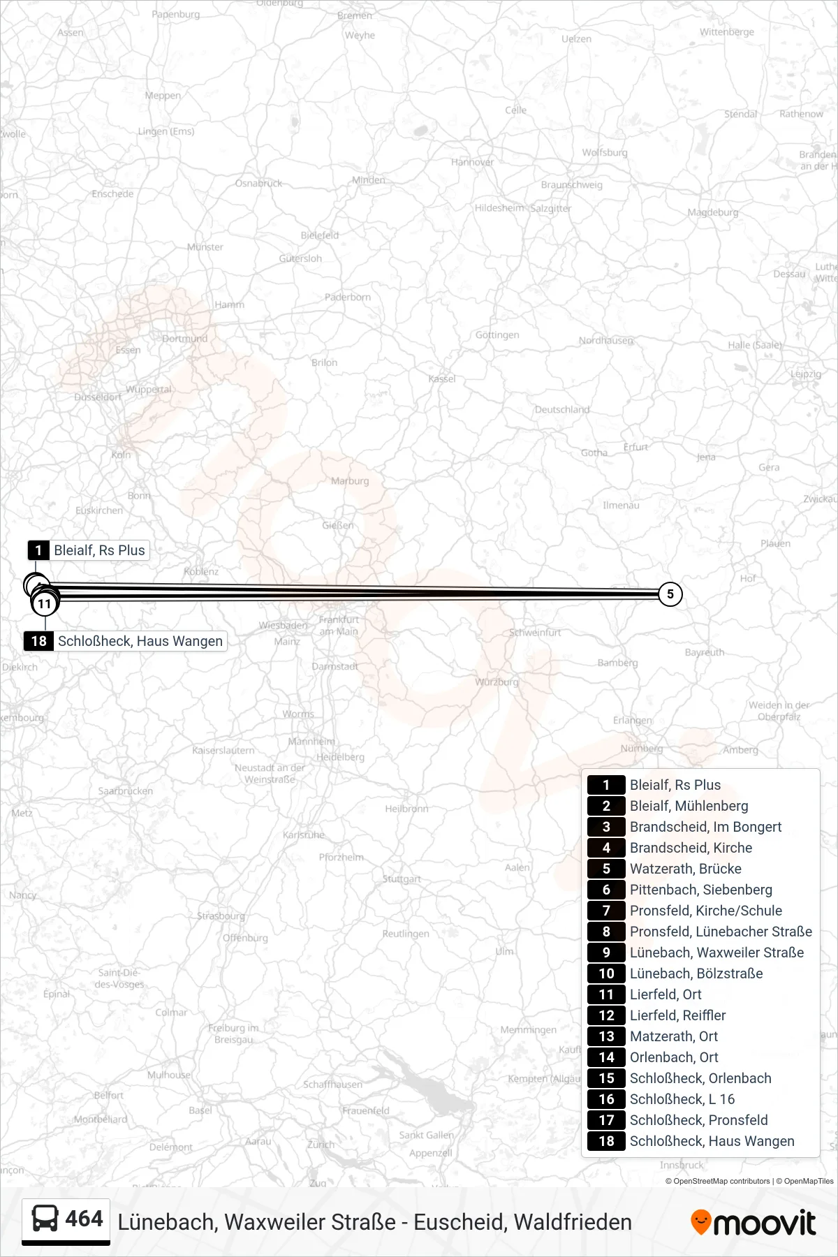 464 bus Line (Schloßheck, Haus Wangen) route and stops on a map