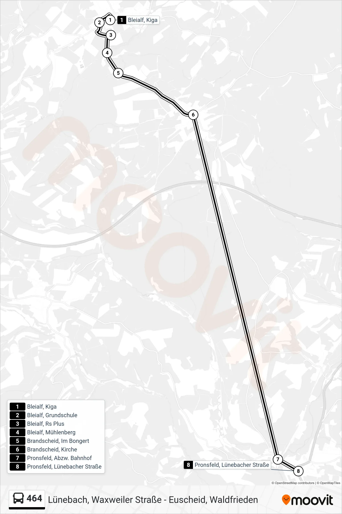 464 bus Line (Pronsfeld, Lünebacher Straße) route and stops on a map