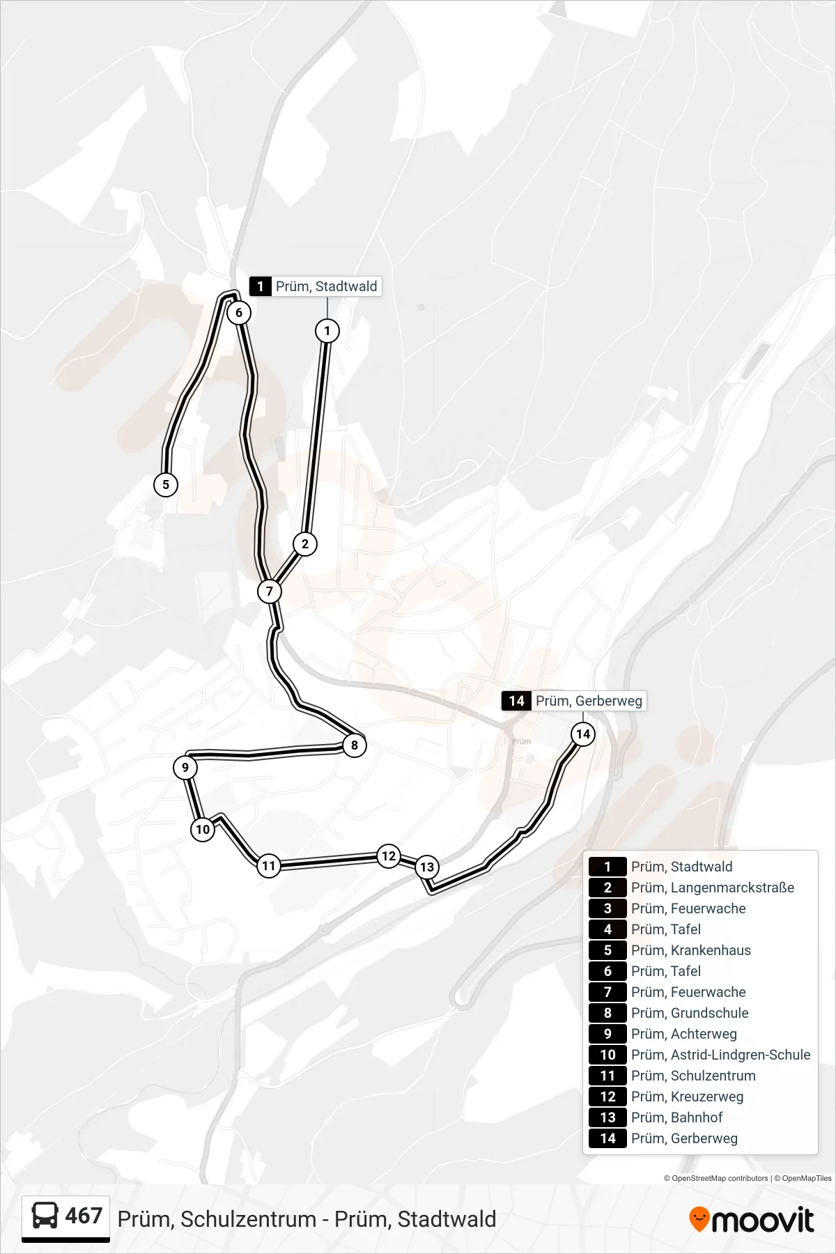 467 bus Line (Prüm, Gerberweg) route and stops on a map