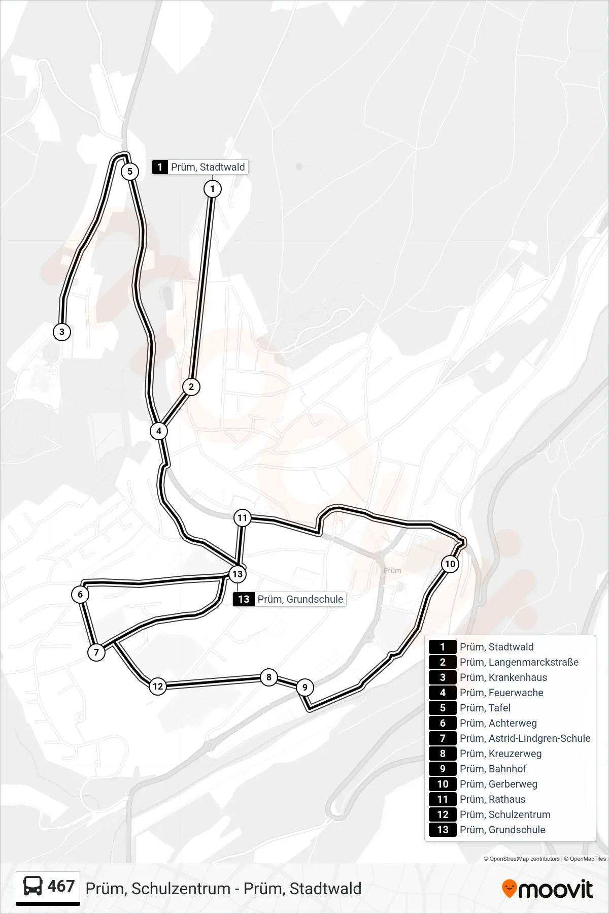 467 bus Line (Prüm, Schulzentrum) route and stops on a map