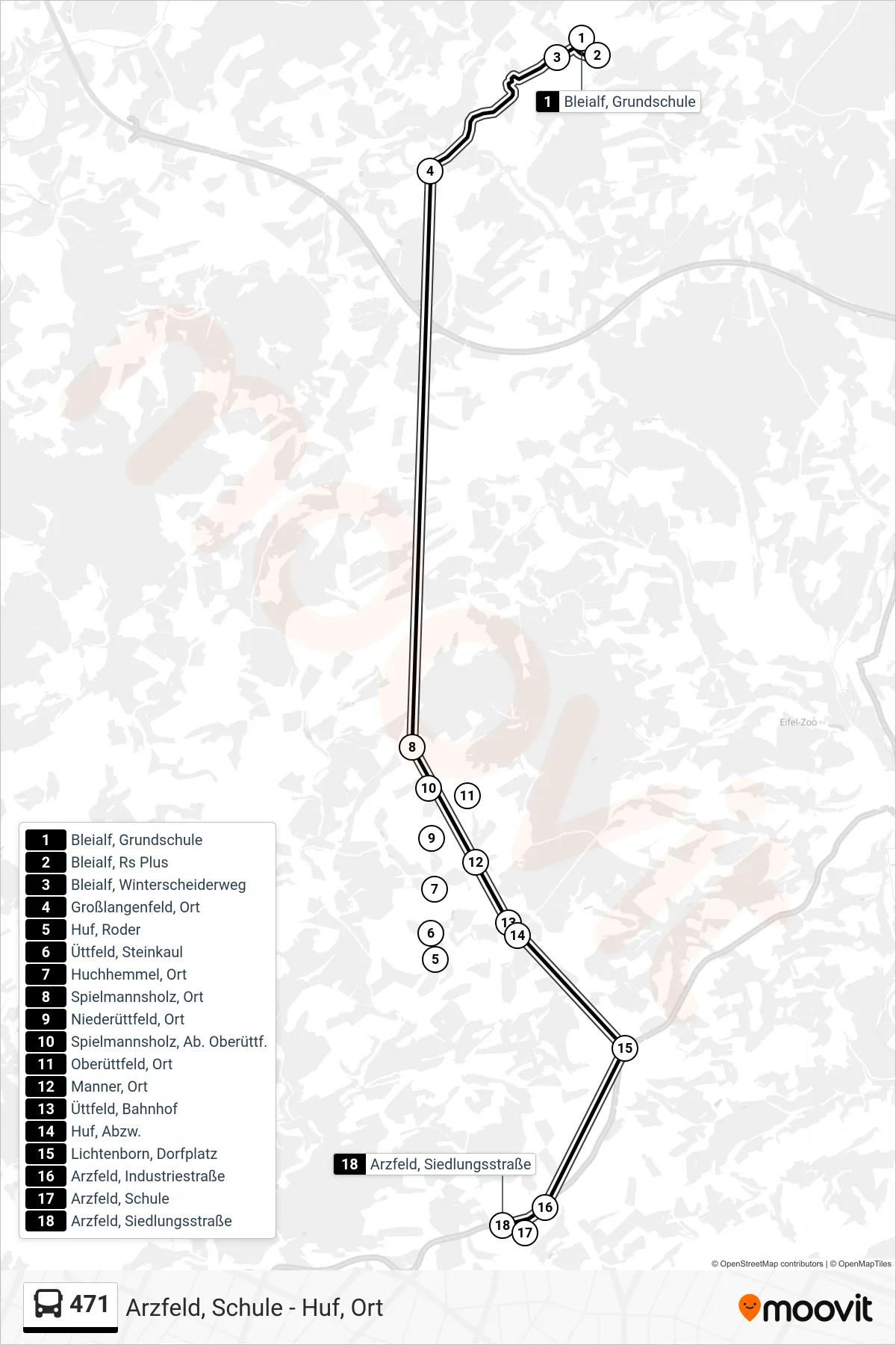 471 bus Line (Arzfeld, Siedlungsstraße) route and stops on a map