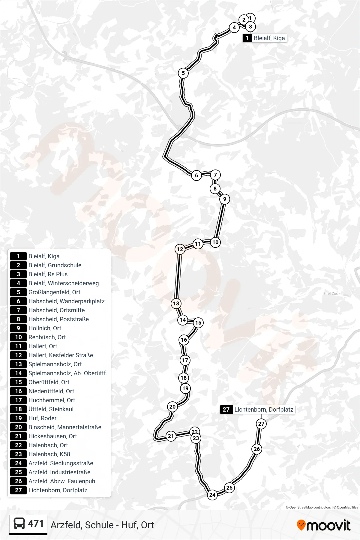 471 bus Line (Lichtenborn, Dorfplatz) route and stops on a map