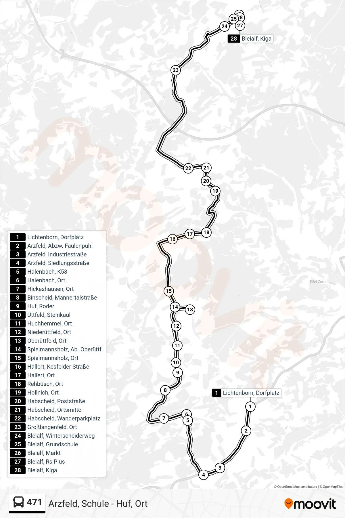 Linie 471 (Bus) Richtung Bleialf, Kiga: Route und Haltestellen auf der Karte