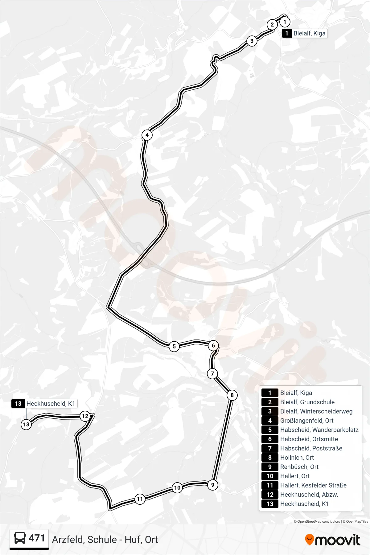 471 bus Line (Heckhuscheid, K1) route and stops on a map