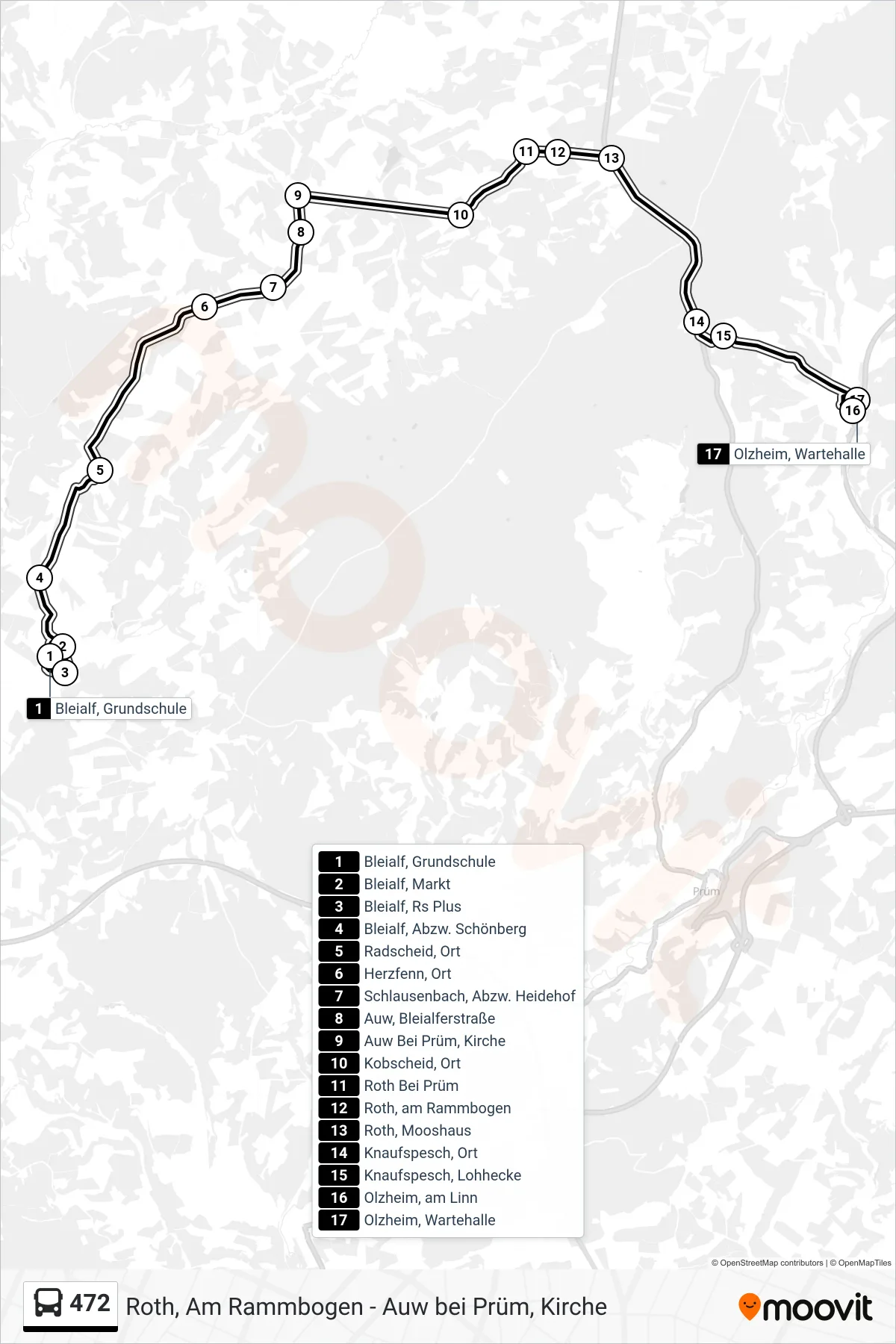 472 bus Line (Olzheim, Wartehalle) route and stops on a map