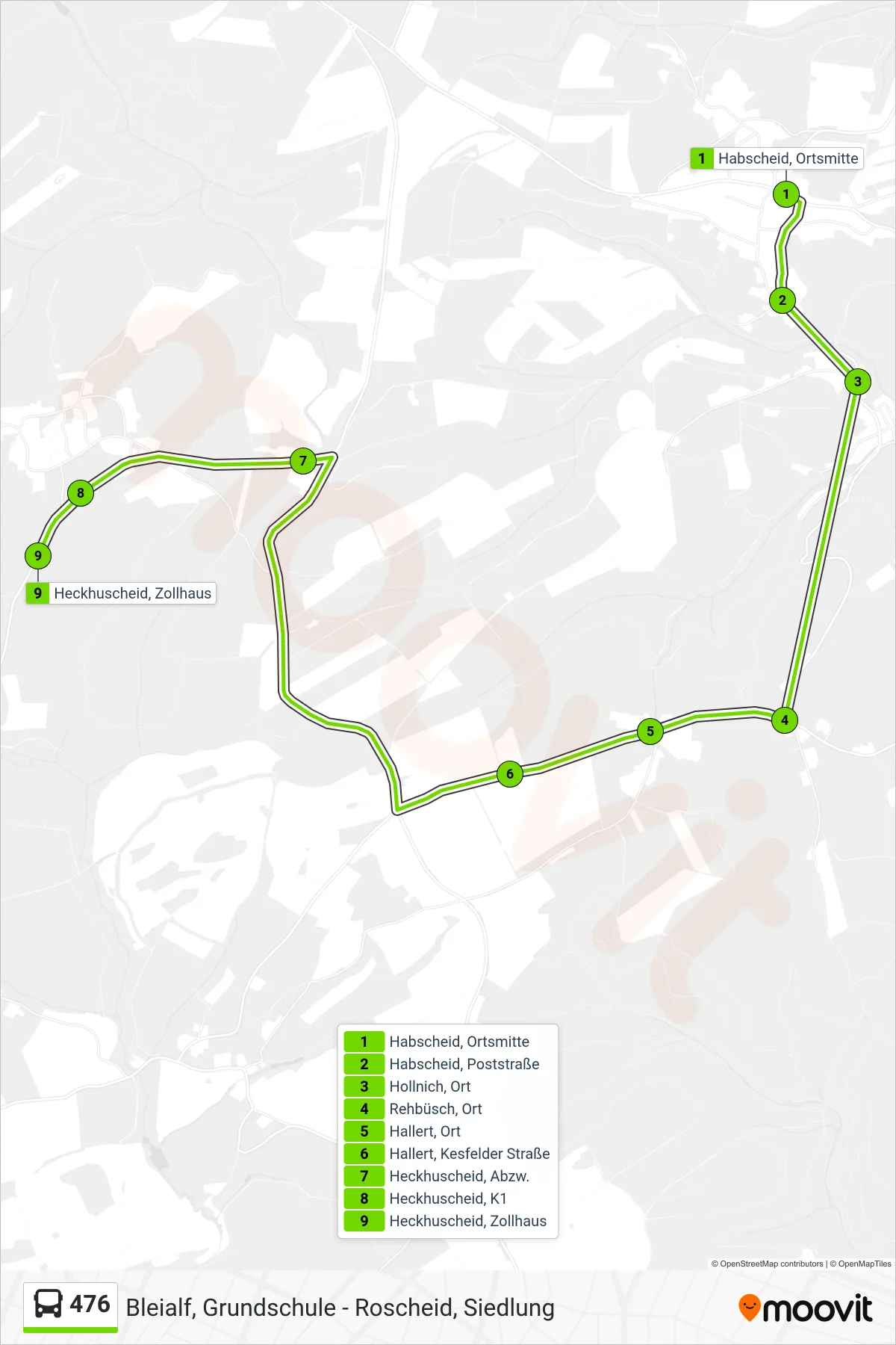 Linie 476 (Bus) Richtung Heckhuscheid, Zollhaus: Route und Haltestellen auf der Karte