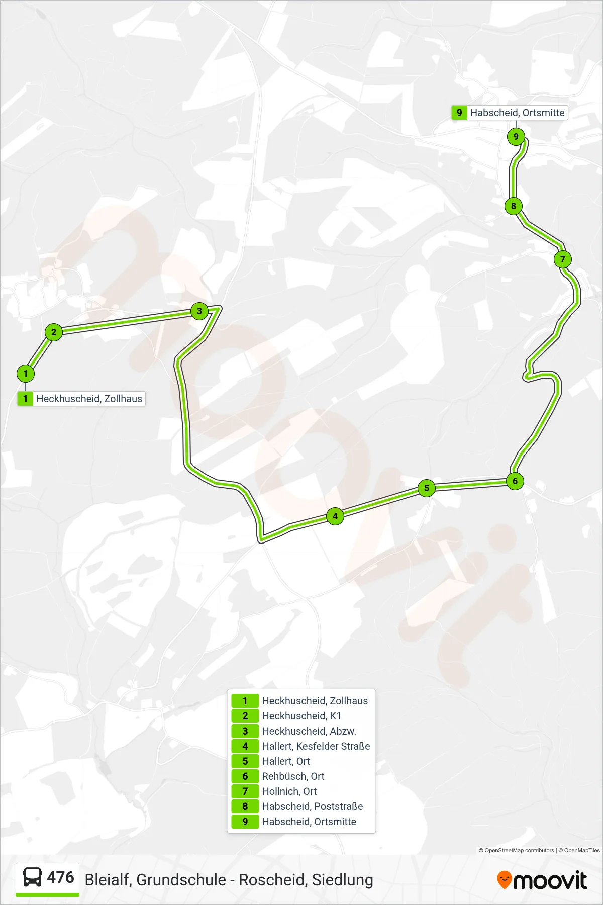 476 bus Line (Habscheid, Ortsmitte) route and stops on a map