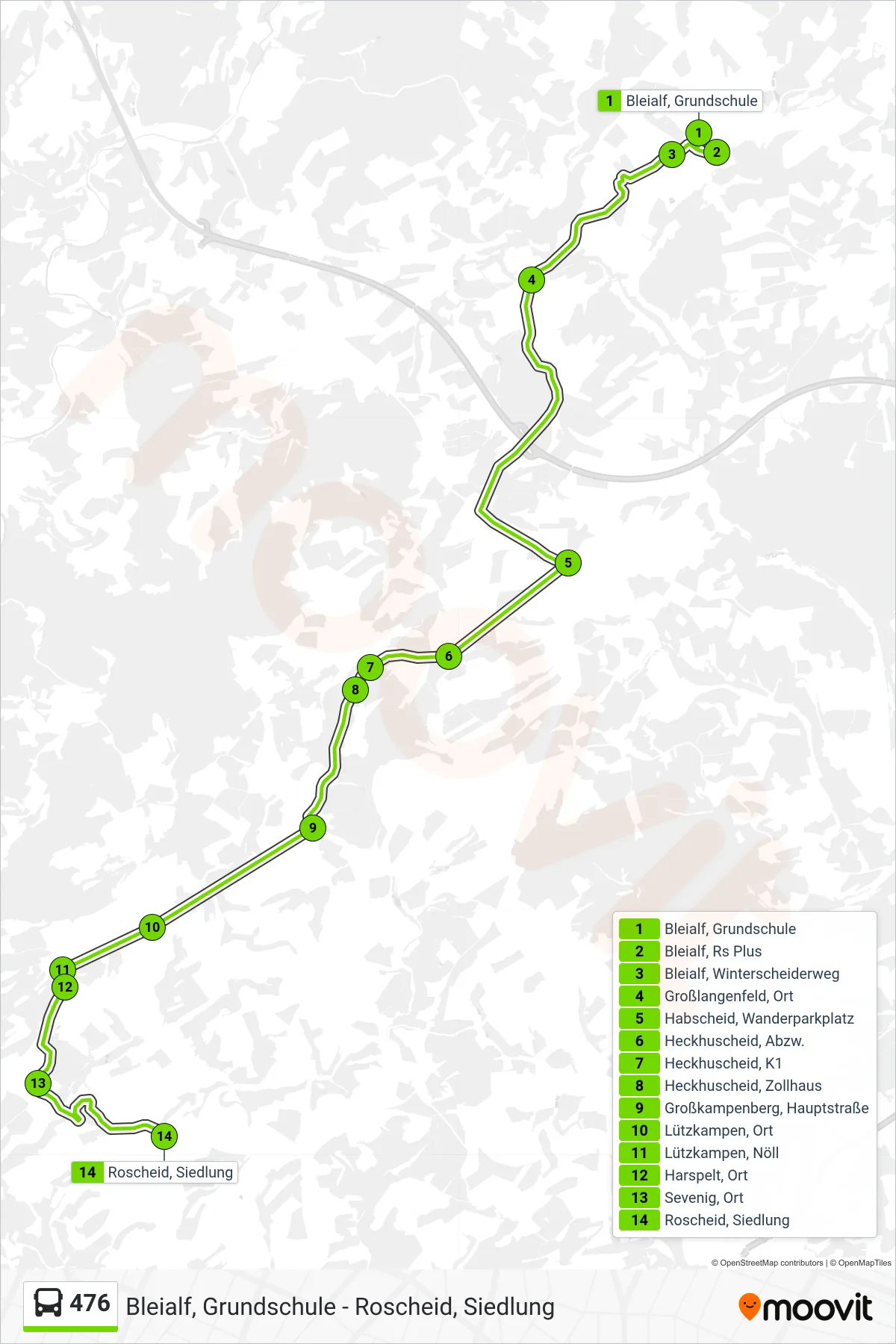 476 bus Line (Roscheid, Siedlung) route and stops on a map