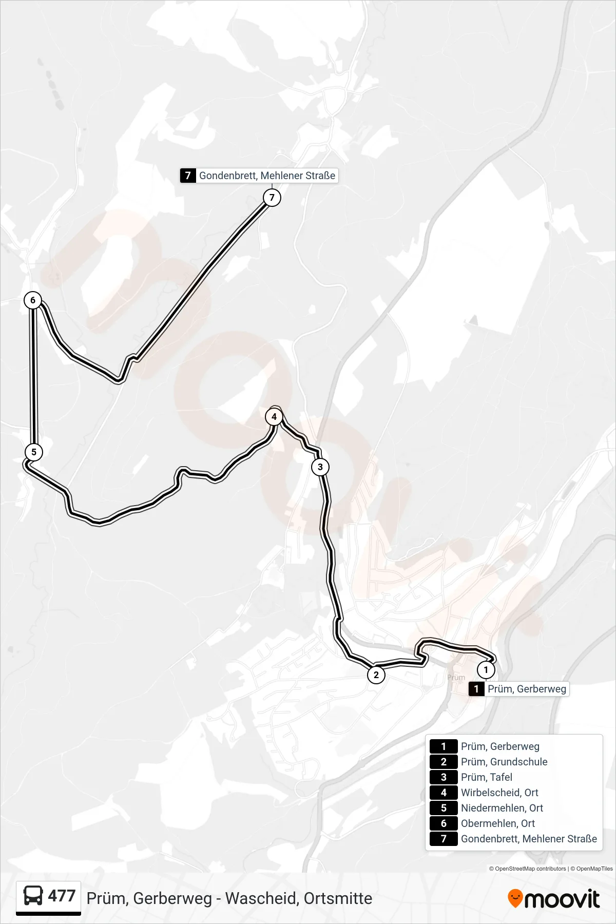 477 bus Line (Gondenbrett, Mehlener Straße) route and stops on a map