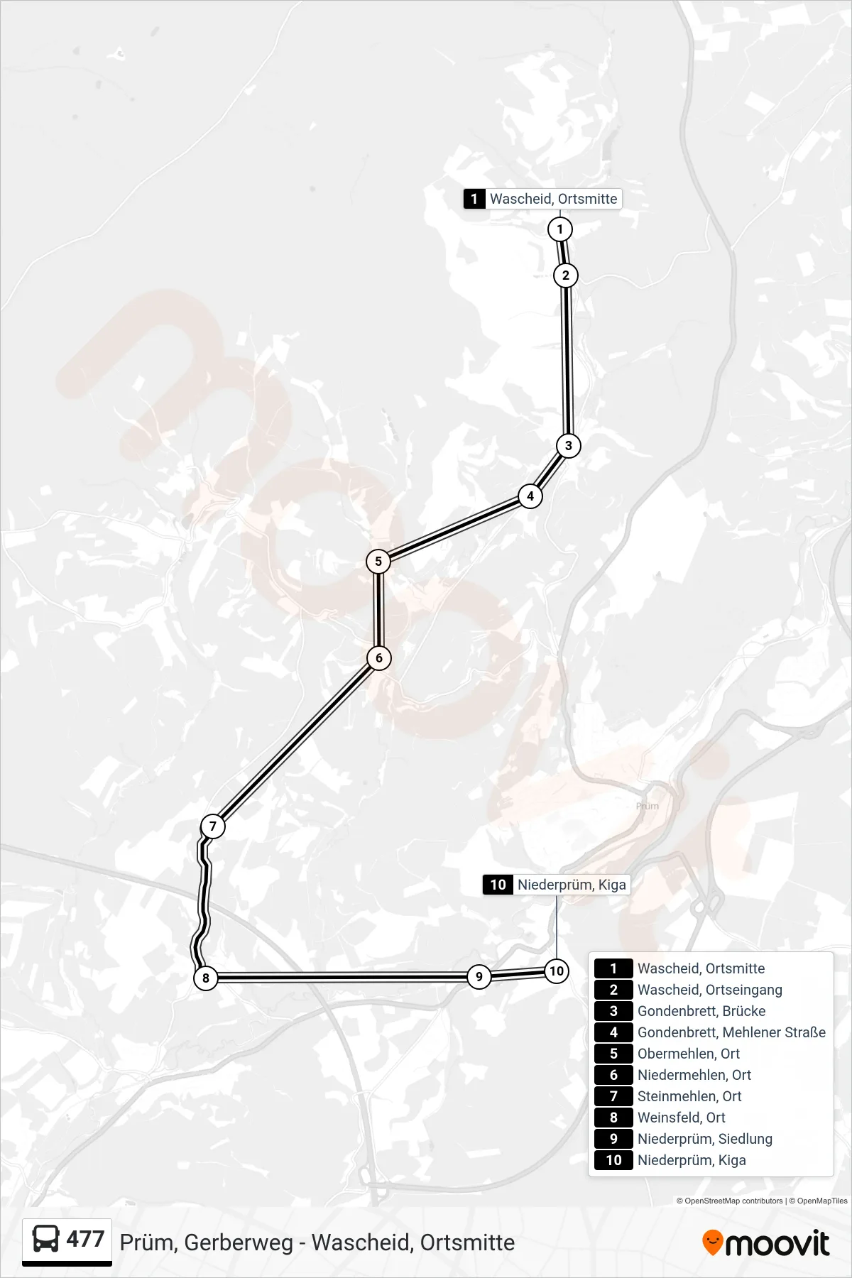 477 bus Line (Niederprüm, Kiga) route and stops on a map