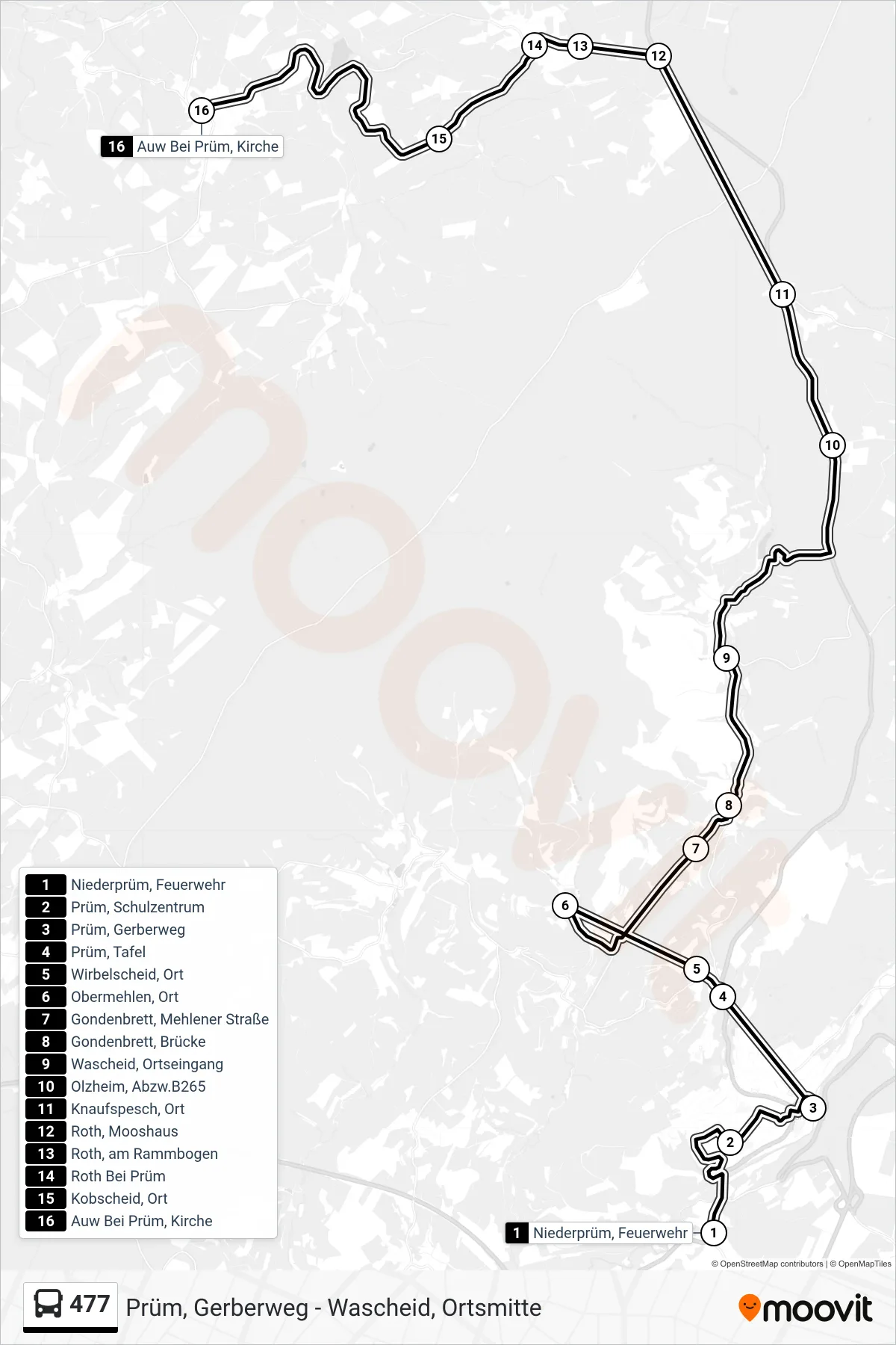 477 bus Line (Auw Bei Prüm, Kirche) route and stops on a map