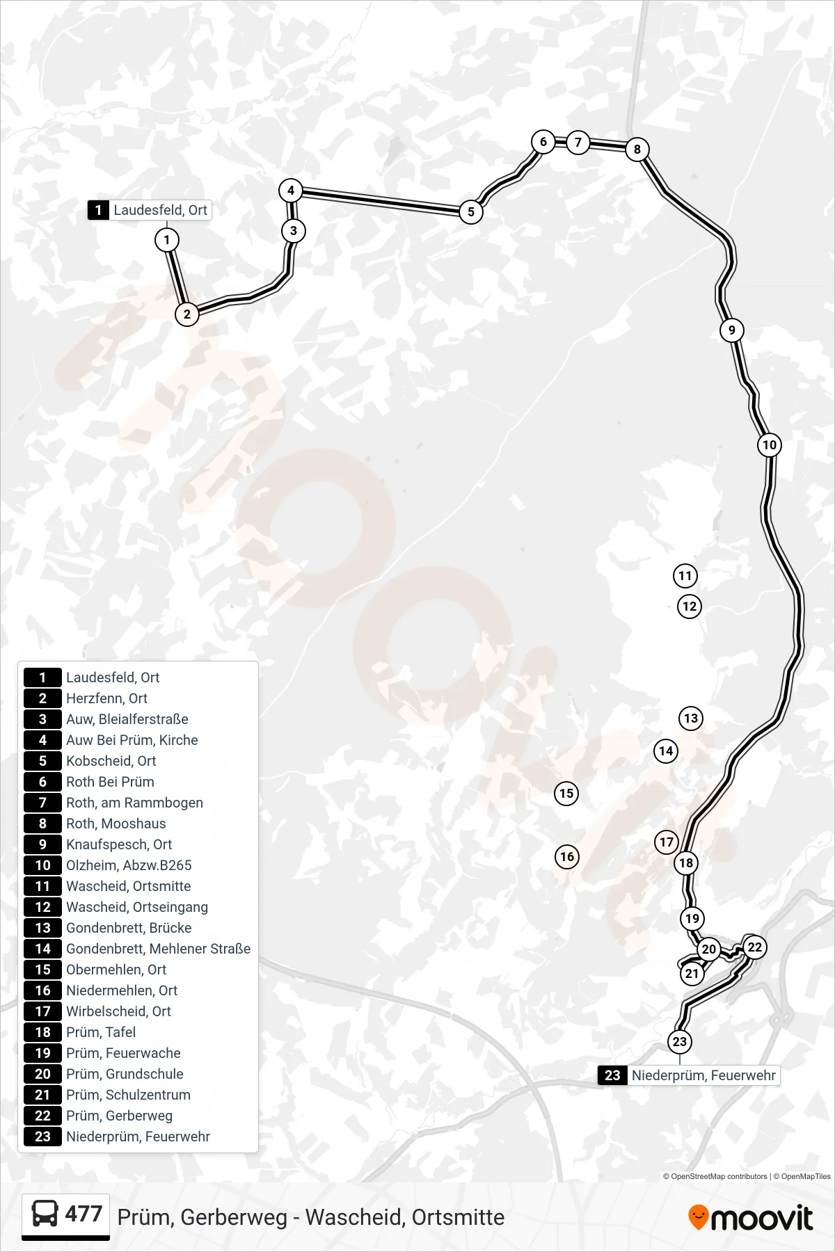 477 bus Line (Niederprüm, Feuerwehr) route and stops on a map