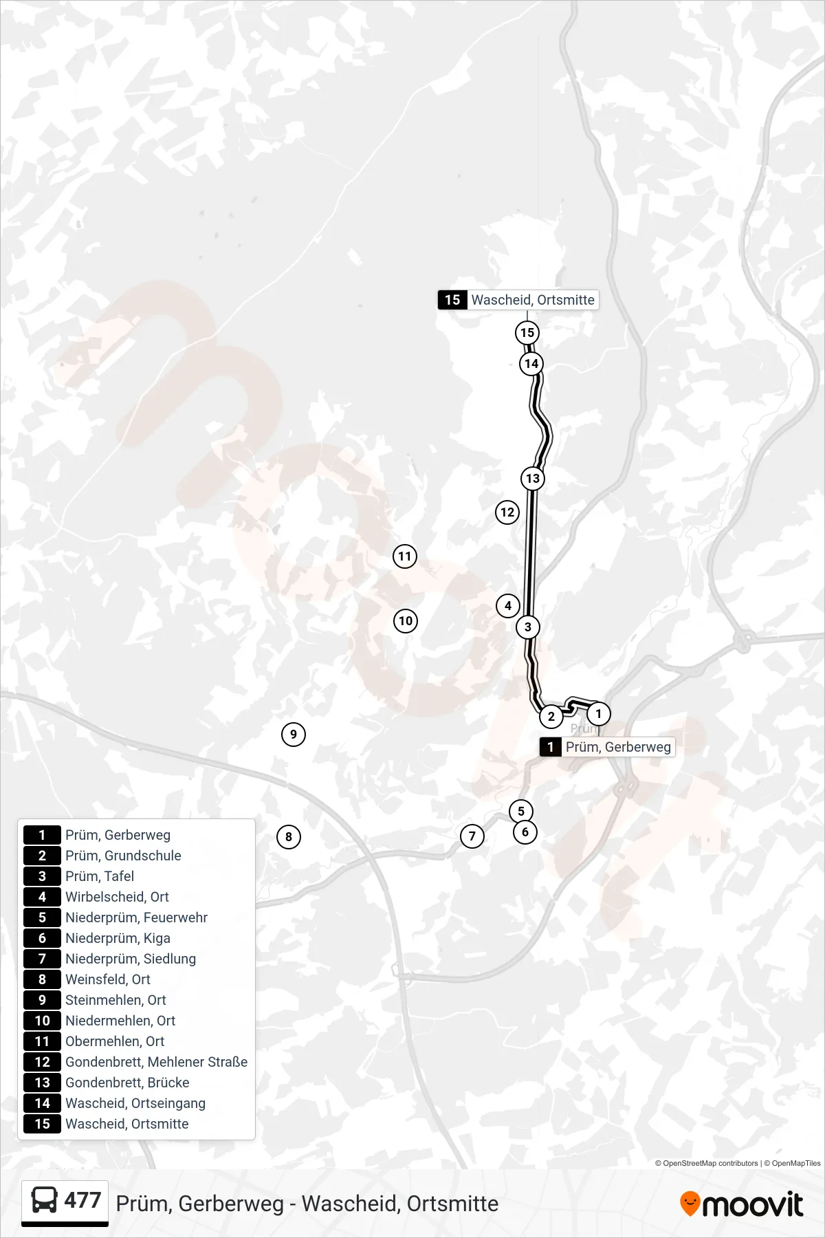477 bus Line (Wascheid, Ortsmitte) route and stops on a map