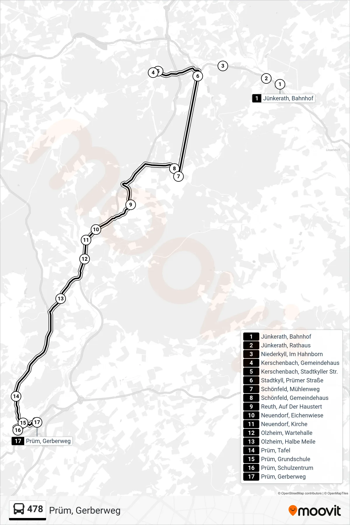 478 bus Line (Prüm, Gerberweg) route and stops on a map
