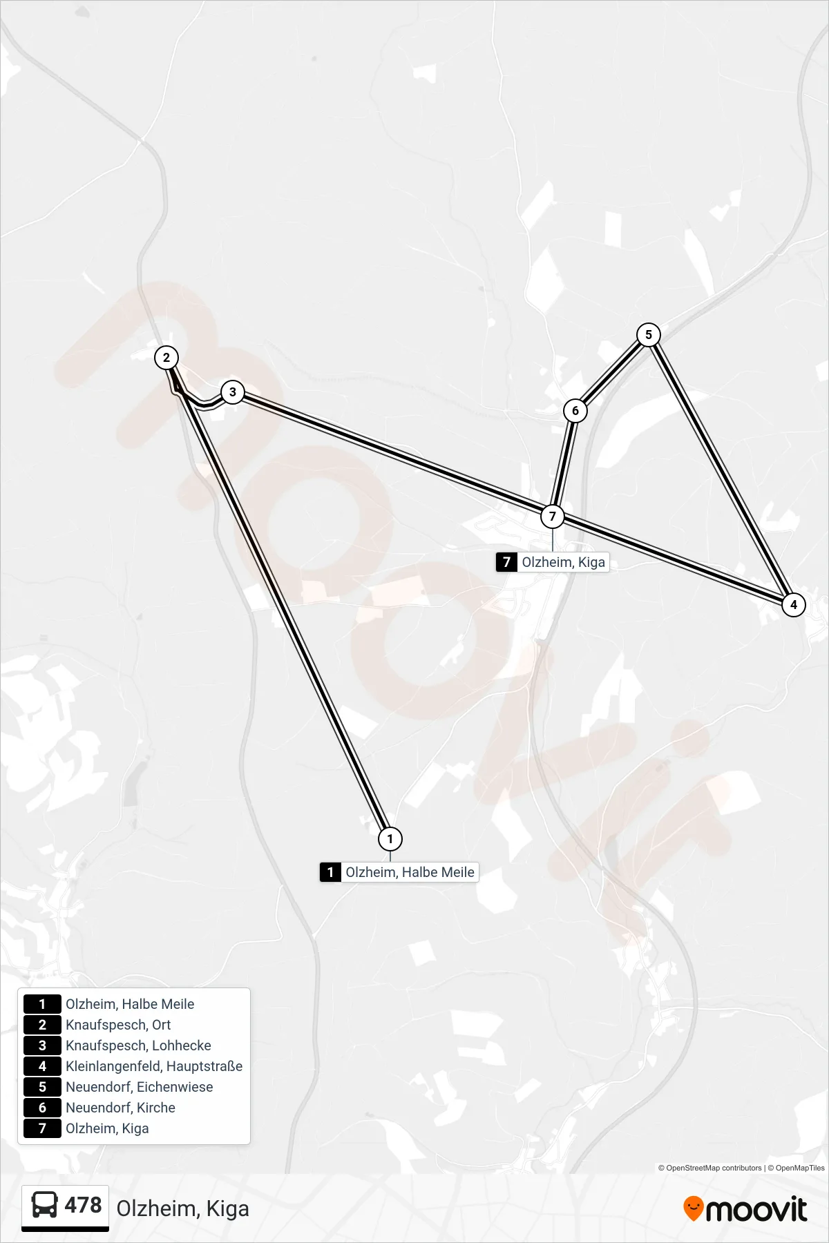 478 bus Line (Olzheim, Kiga) route and stops on a map